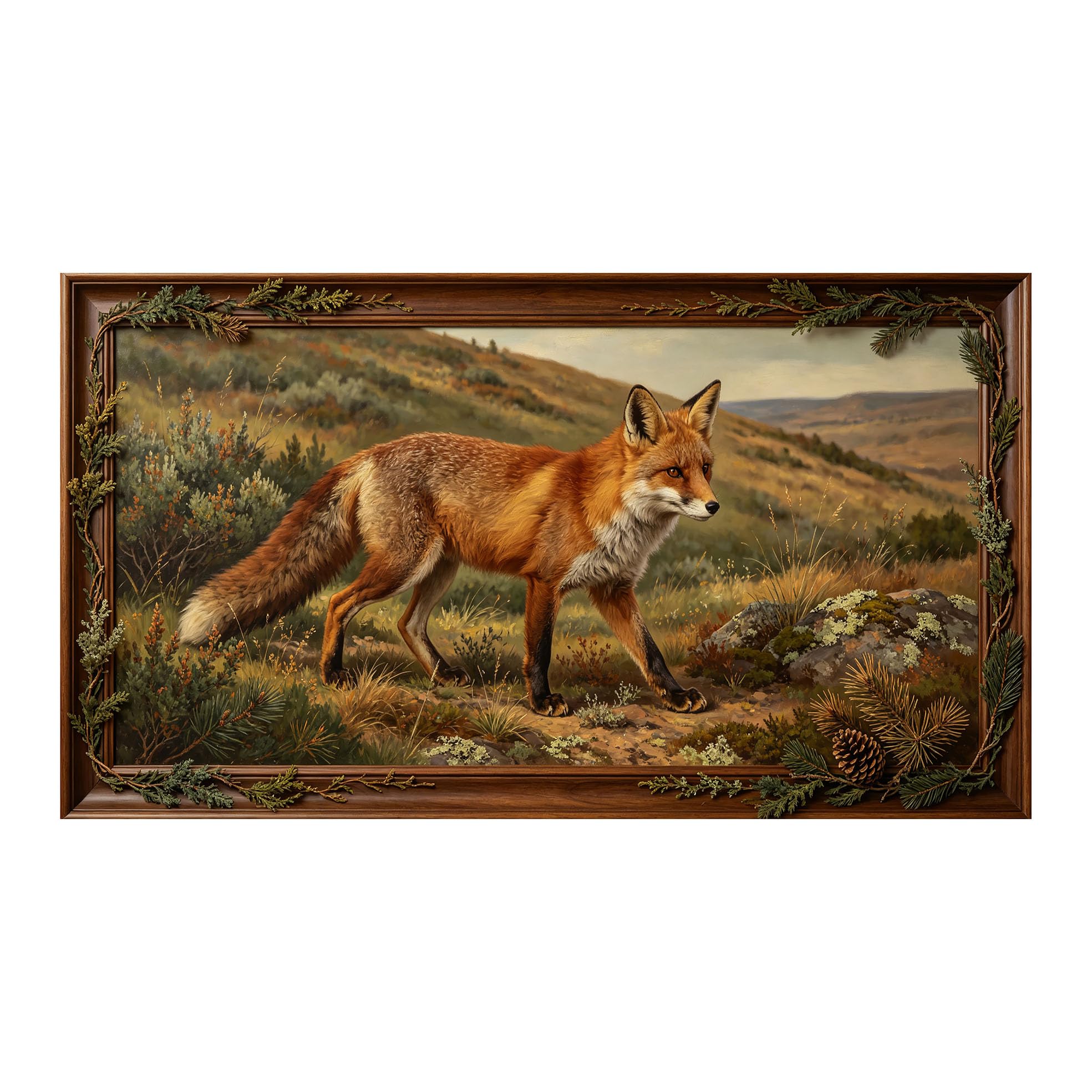 Yzpallescene 3D 3D Framed Wall Art 50cm×90cm Red Fox Wilderness Landscape Oil Painting Large Size SelfAdhesive Removable Wall Decor Prints Artwork for Living Room Bedroom Office