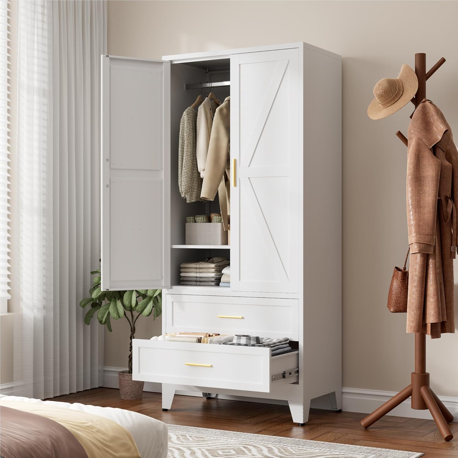 White wardrobe cabinet with doors open, showing clothes hanging on a rod and folded items on a shelf, with drawers partially open.