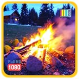 キャンプファイヤー・エンバー・ナイト - パチパチと音を立てる炎とアウトドアの雰囲気、天気と時計付き