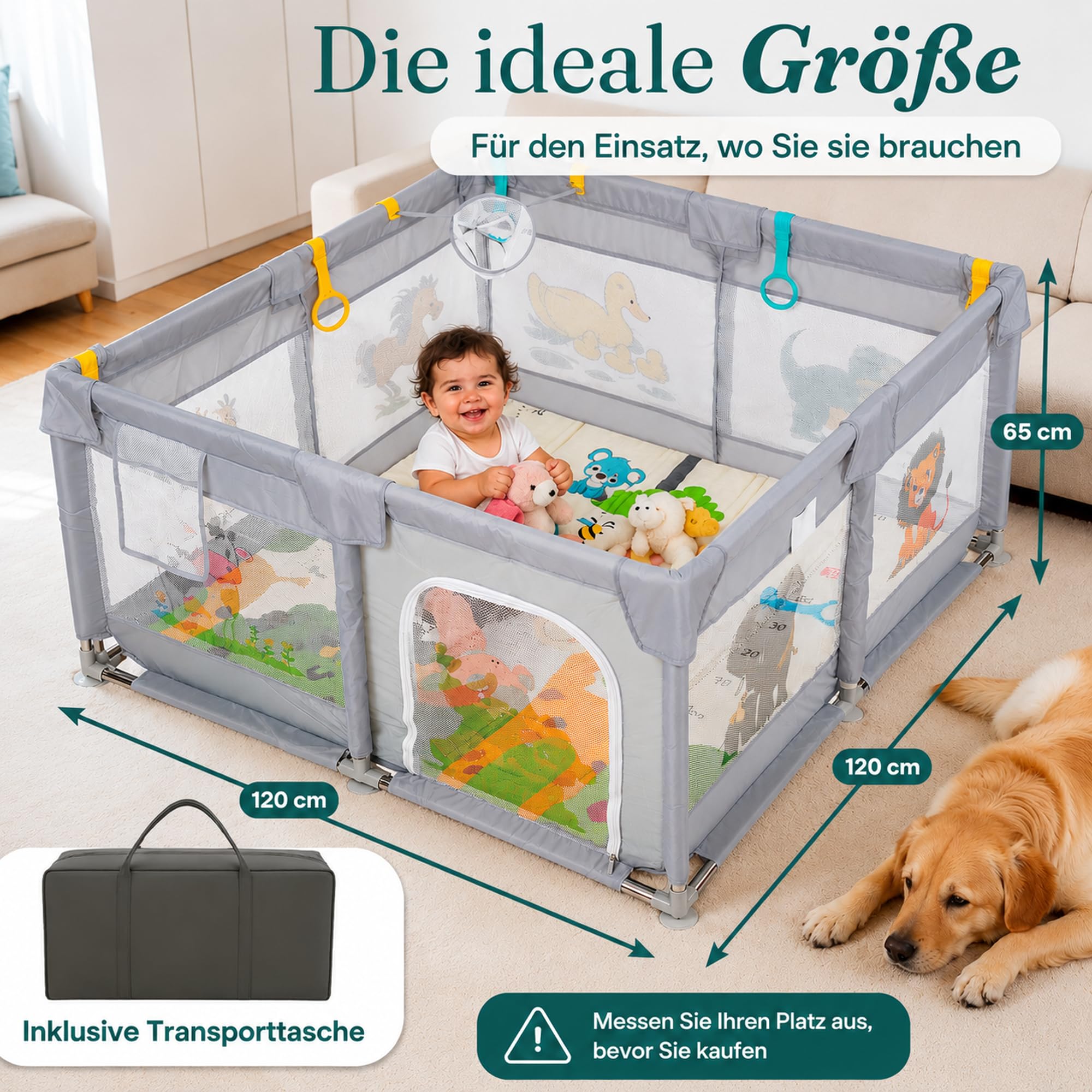 PARVULI Laufstall Baby 120x120 cm cm mit gepolsterter Spielmatte faltbar Laufgitter für Zuhause aus stabilem Eisen atmungsaktives Mesh - Tiere