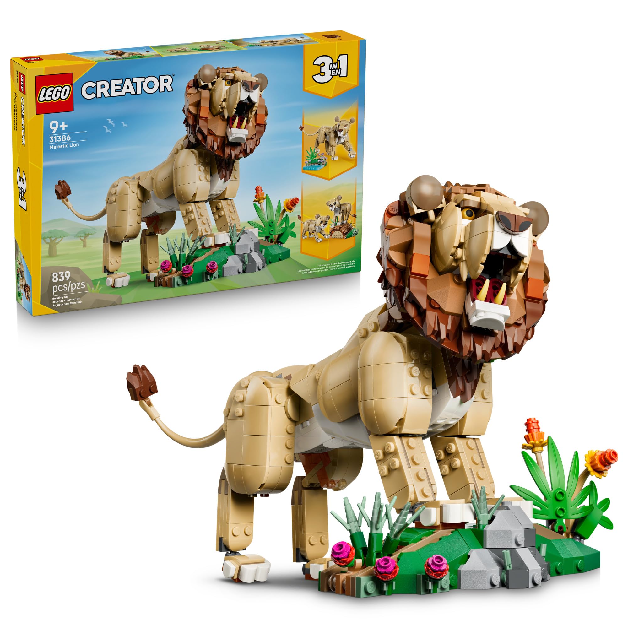 Creator 3 in 1 Wild Animals: Majestic Lion - Building Toy for Boys & Girls, Ages 9+ - Kids Bedroom or Desk Decor - Lion Toy with 3 Building Options - Gift for Birthdays - 31386