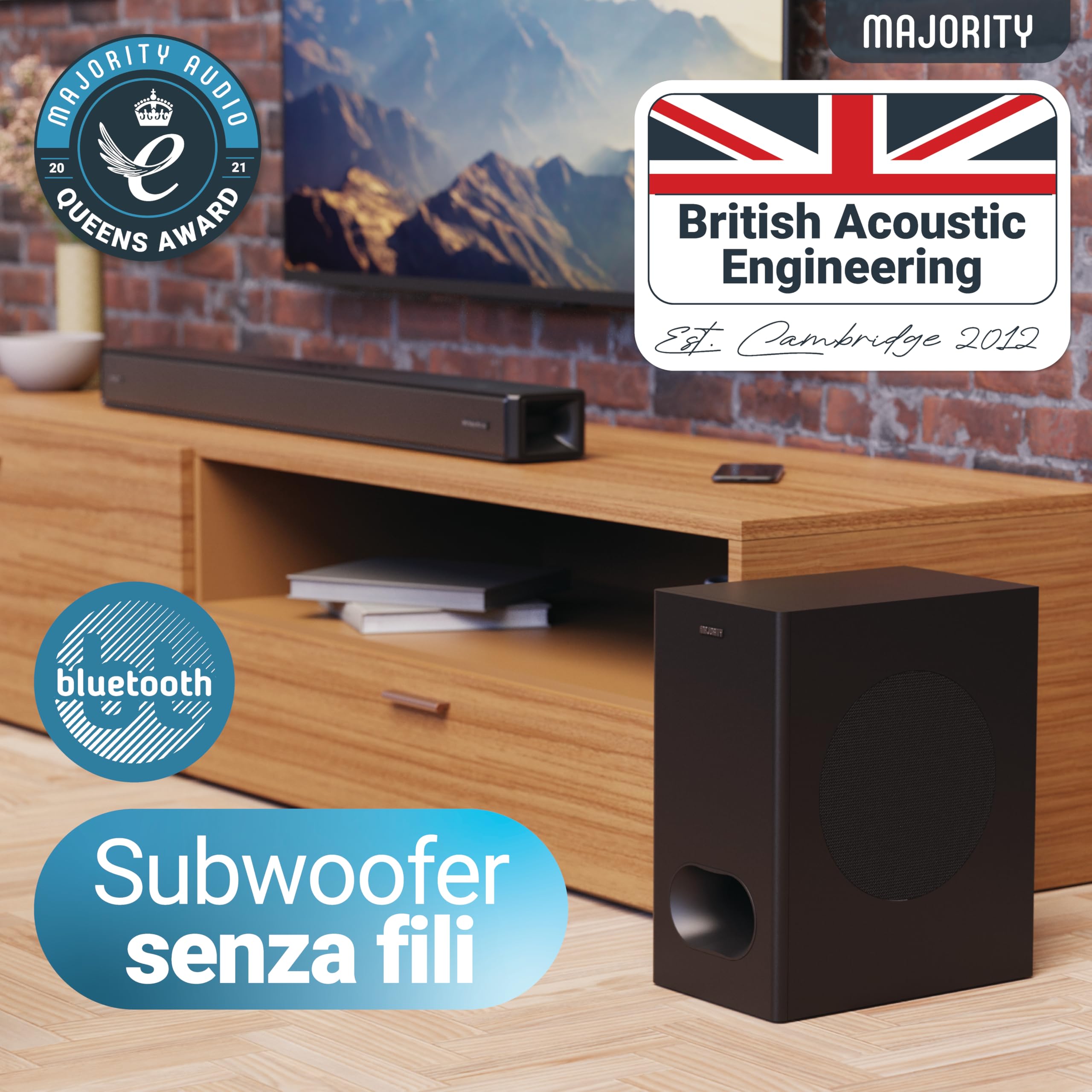 Majority Sierra Plus 2.1.2 Soundbar Dolby Atmos | 400 W con subwoofer wireless | Suono surround con altoparlanti rivolti verso l'alto | Multiconnessione incluso HDMI Arc