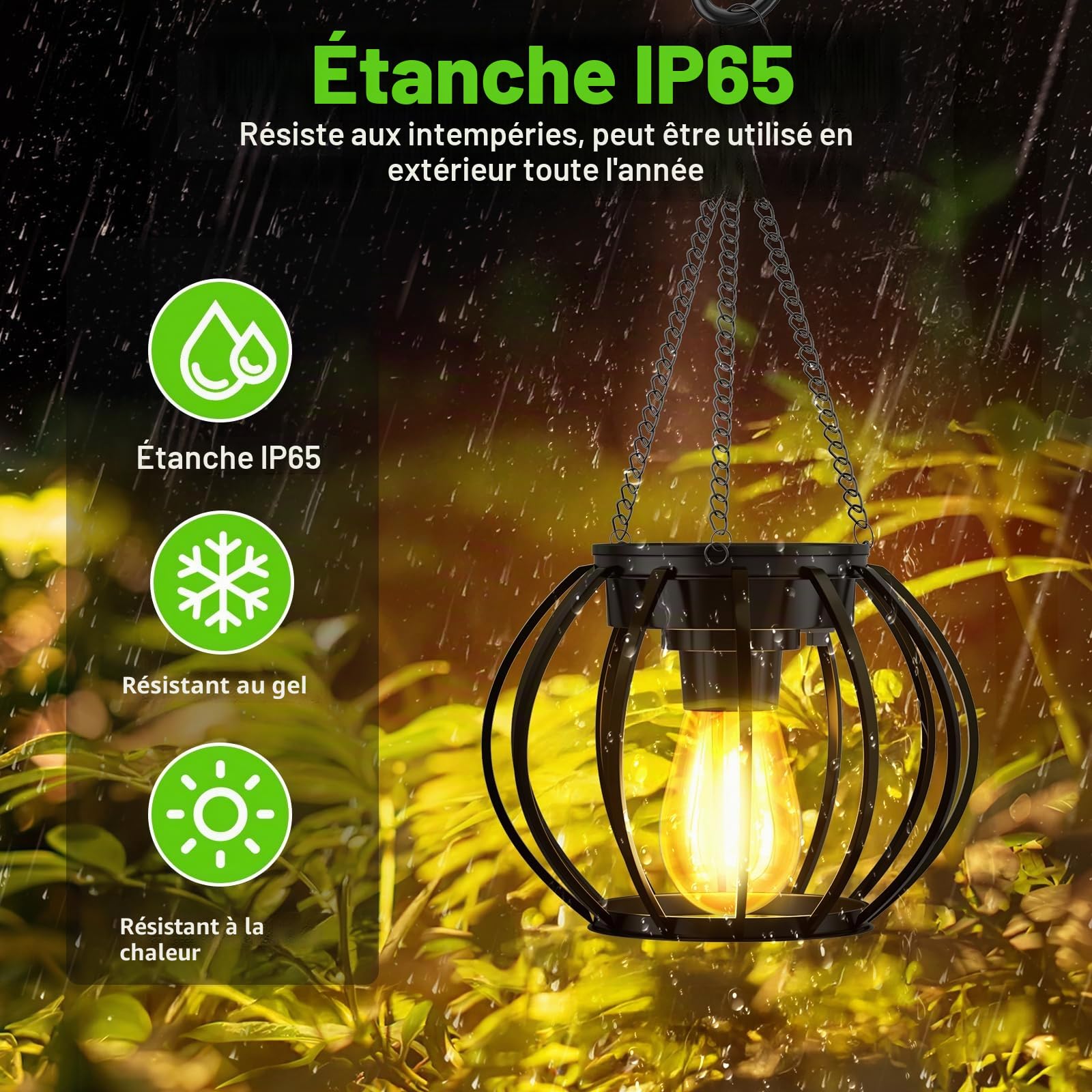 Lampe Solaire Exterieur Suspendue, Lanterne Solaire Exterieur Métal avec Chaîne et Crochet, IP65 Étanche Lanterne Ronde Decorative à Suspendre pour Terrasse Balcon Cour Jardin, lot de 2