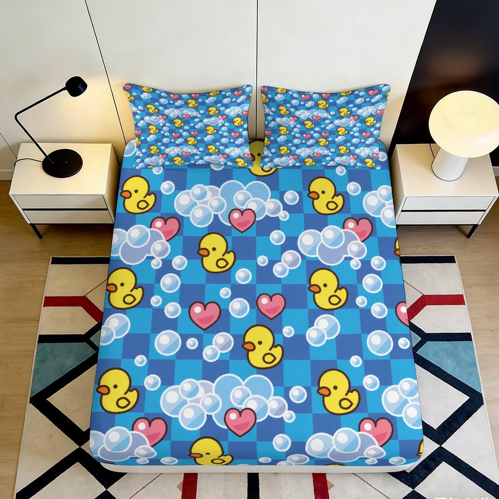 3D Printed Rubber Duck Bubble Fitted Sheet Microfiber Soft Blue Heart Bed Cover for Bedroom Guest Room Decor 110 200x200x25cm
