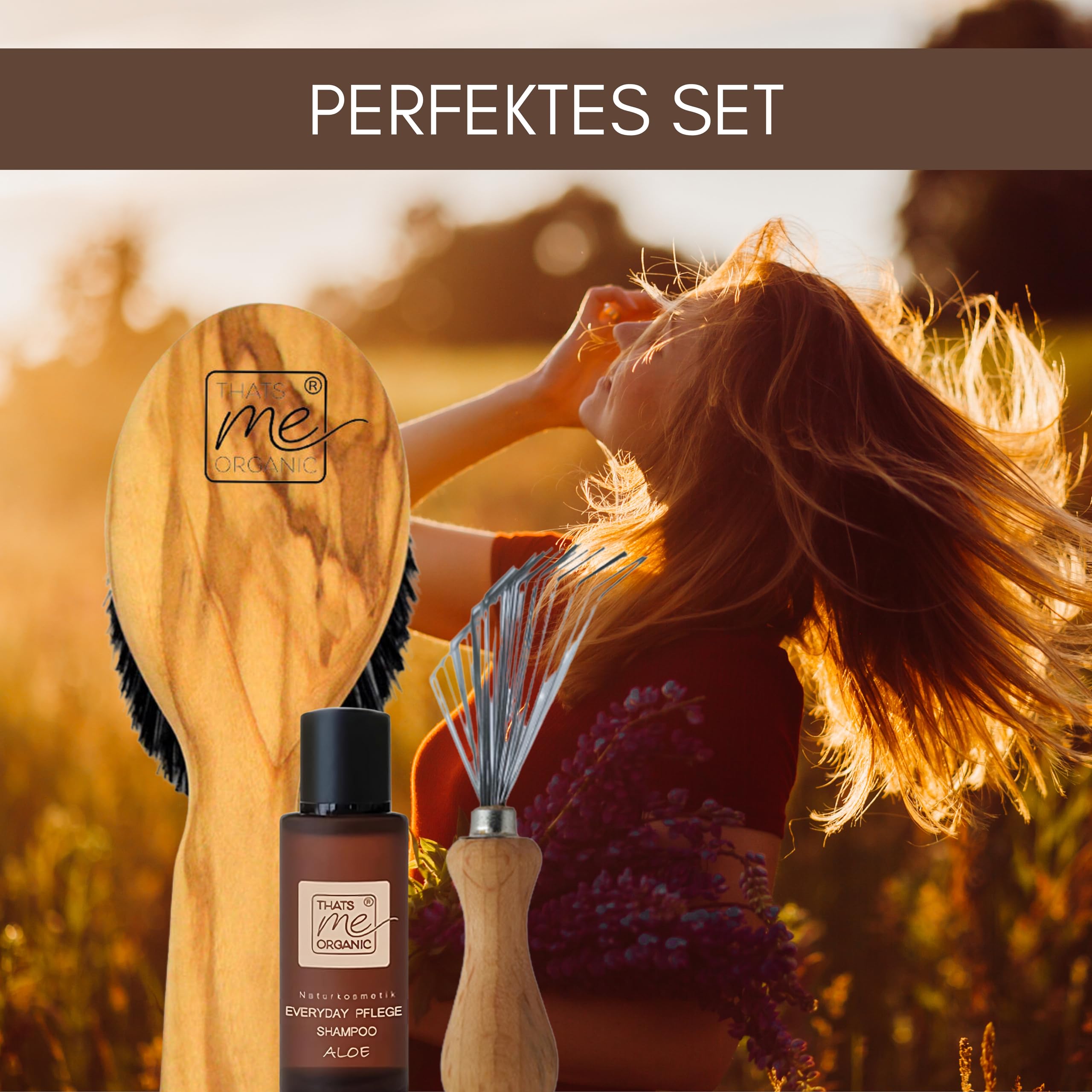 Thats me organic Spar Set Profi Haarbürste "Die Mediterrane" + Bürstenreiniger + 20 ml Pflege-Shampoo – Sleek Bun Bürste aus Wildschweinborsten, Haarbürstenreiniger und mildes Shampoo