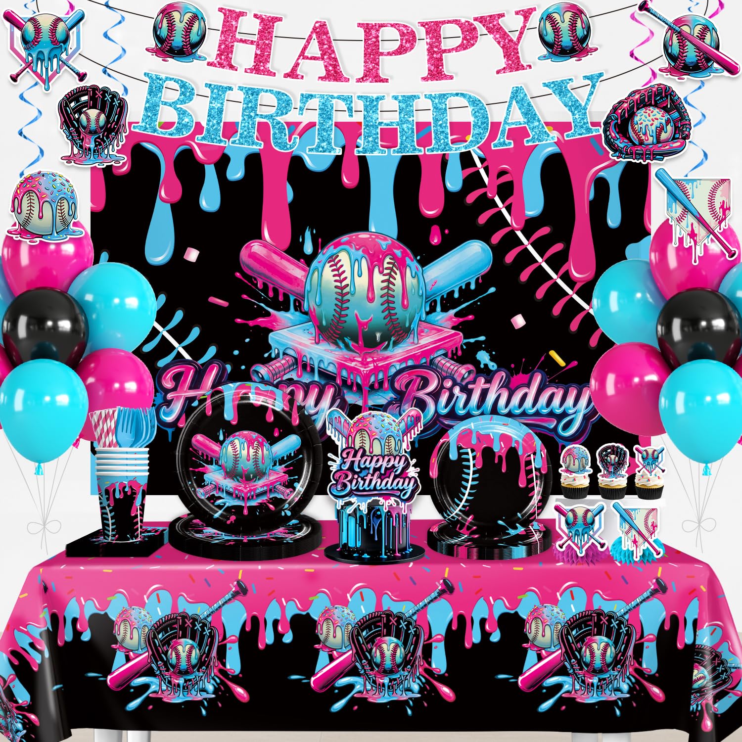 Xynic 216Pcs Baseball Drip Birthday Decorations Tableware Set