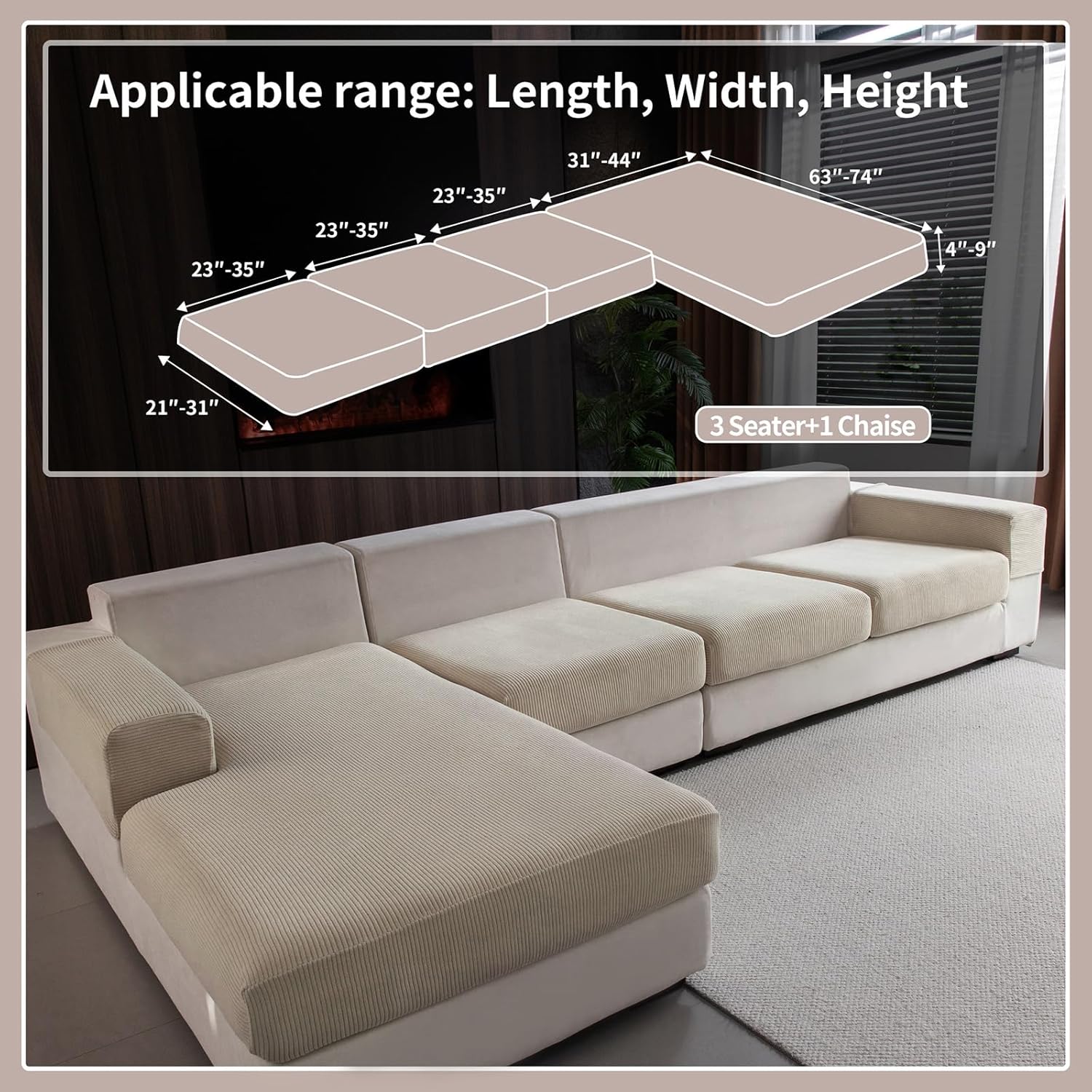 Sectional Couch Covers, Wear Resistant Stretch Sofa Covers Washable Soft Couch Cushion Covers Anti Slip Furniture Protector Sofa Slipcovers for Pets(4 Pieces 3 Seaters+1 Chaise, Light Brown) Light Brown 3 Seat Covers S + 1 Chaise