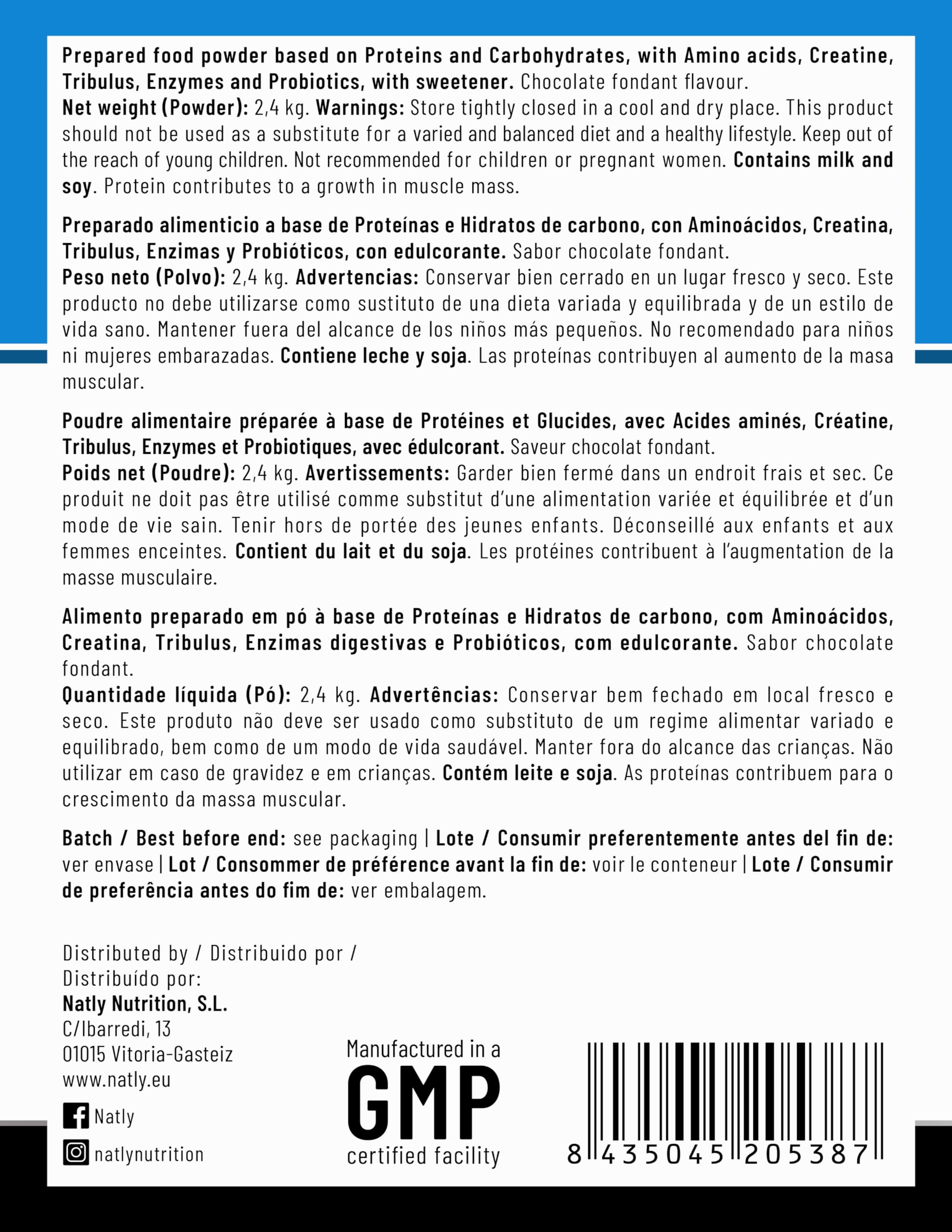 Natly Elite All-in-One 2,4 kg Chocolate | Todo en Uno con Proteína, Creatina Creapure, BCAA, Glutamina, HMB y Probióticos | Fórmula Avanzada Para Masa Muscular y Recuperación | 25+ Ingredientes