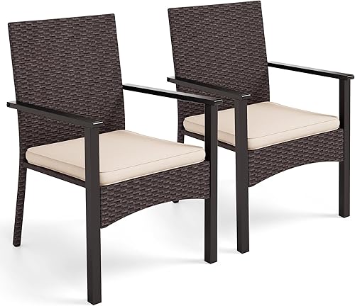 Wicker Patio Dining Chairs Set of 2, 2 Pieces Rattan Outdoor Dining Furniture Chairs for Deck Backyard