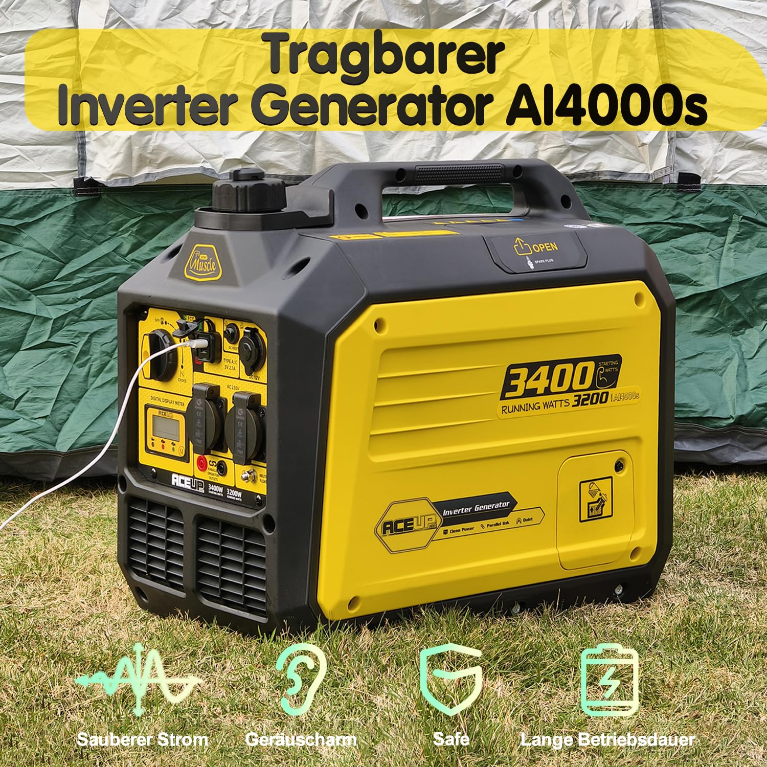 Aceup Energy Generador de corriente inversor de 3400 W, gasolina, generador de corriente, potencia de emergencia, motor de 4 tiempos para camping