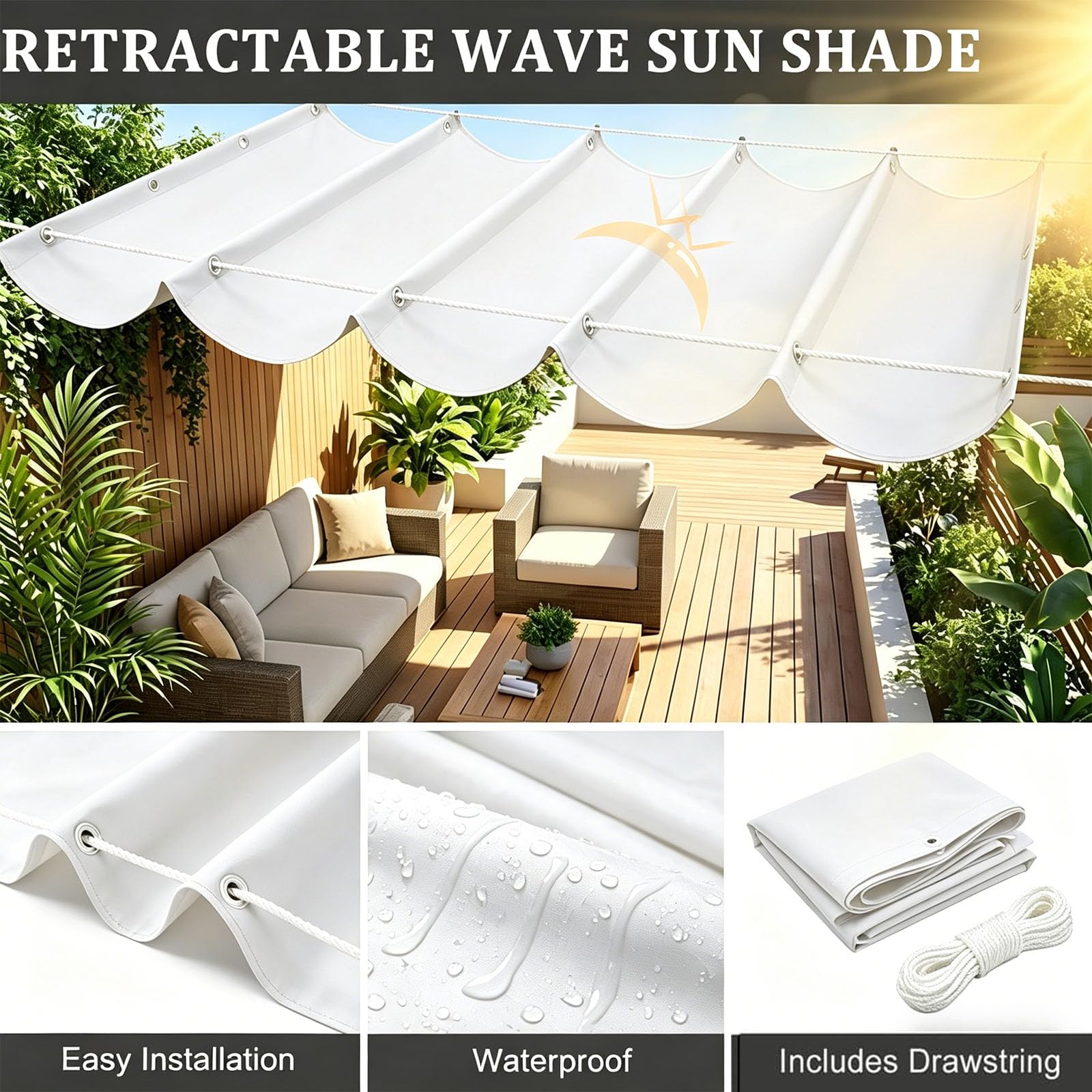Voile d'ombrage Rétractable 220 x 250 cm sur Mesure, Réglable, Couverture D'Ombre, de Protection UV et Indéchirable Voile-D'Ombrage Rétractable Vague pour Jardins Balcons, Blanc