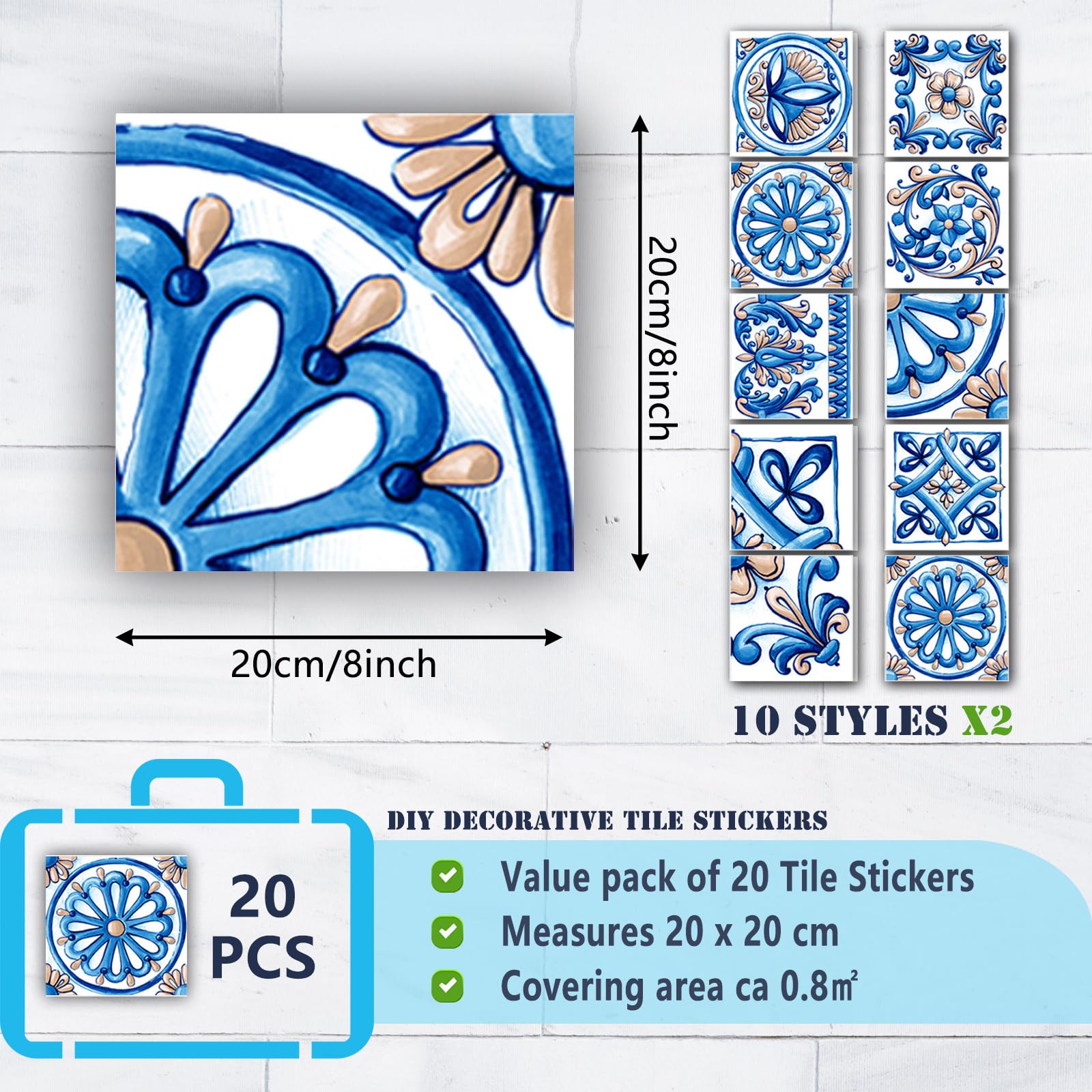 Confezione da 20 adesivi per piastrelle per cucina e bagno, impermeabili in PVC, decorazione da parete autoadesiva, decorazione a mosaico in stile architettonico retrò (20,3 x 20,3 cm, blu)