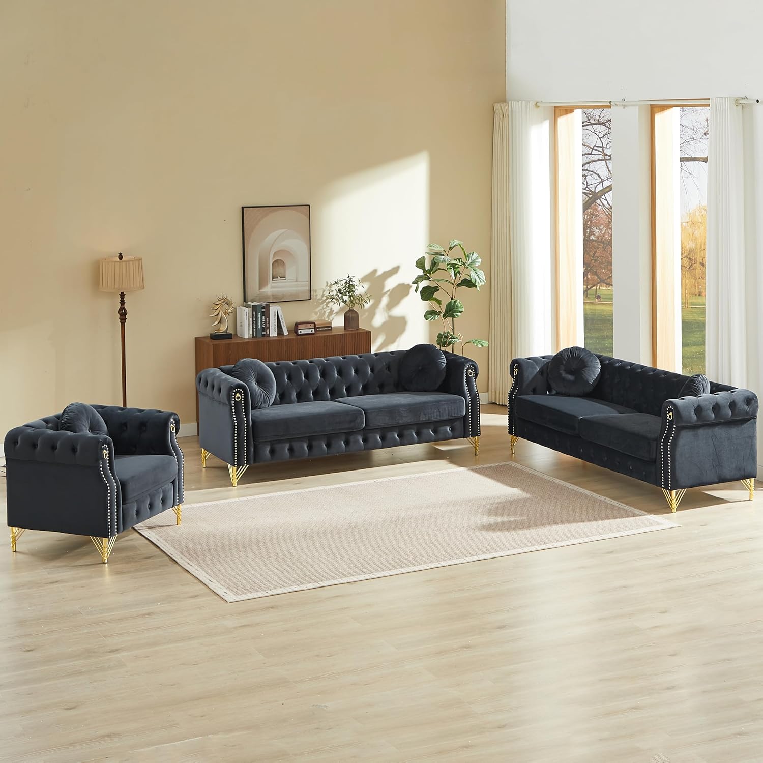 KEIKI 5 Seat Chesterfield Sofa, Retro Style Upholstered 3+2 Seats Velvet Couch with Rolled Arm for Living Room Bedroom Office, Black