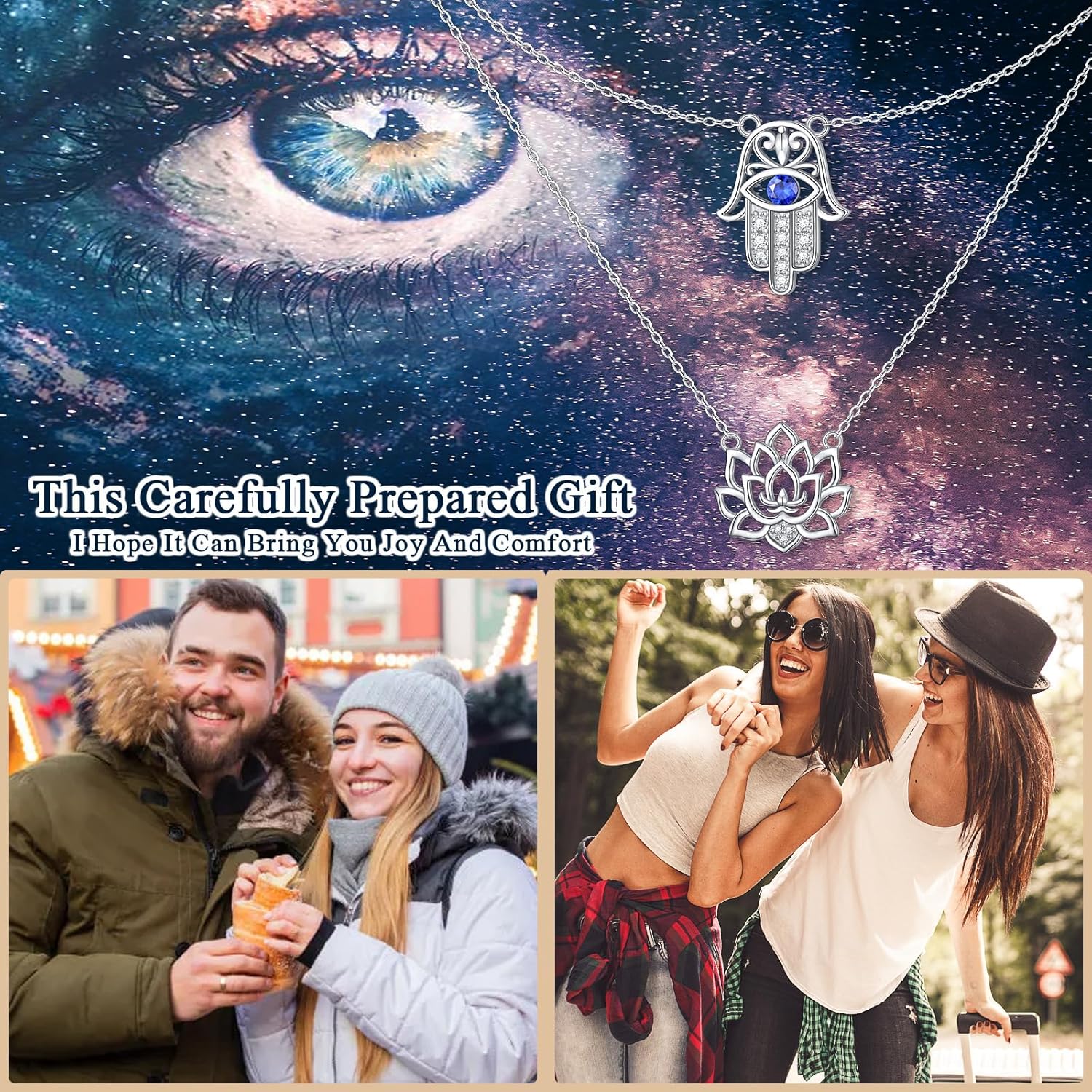 925 Sterling Silver Evil Eye Layered Necklace Hamsa Hand Double Necklace for Women Lotus Pendant Y Necklace Good Luck Jewelry Easter Gift for Women - Image 6