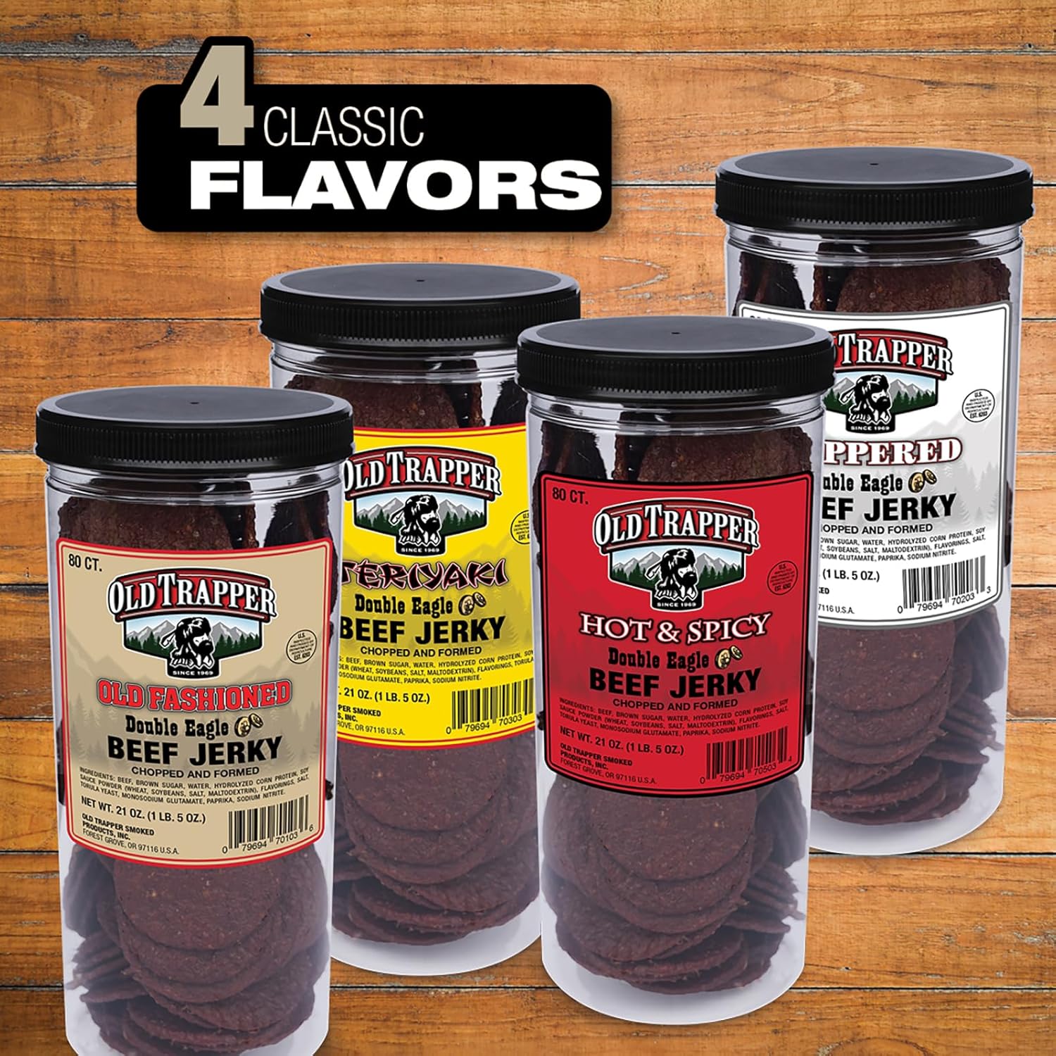 Old Trapper Double Eagle Beef Jerky, Old-Fashioned Flavor, 21oz. 80-Piece Jar, Natural Wood Smoked Meat Snacks, 10 Grams of Protein and 80 Calories per Serving (Pack of One)