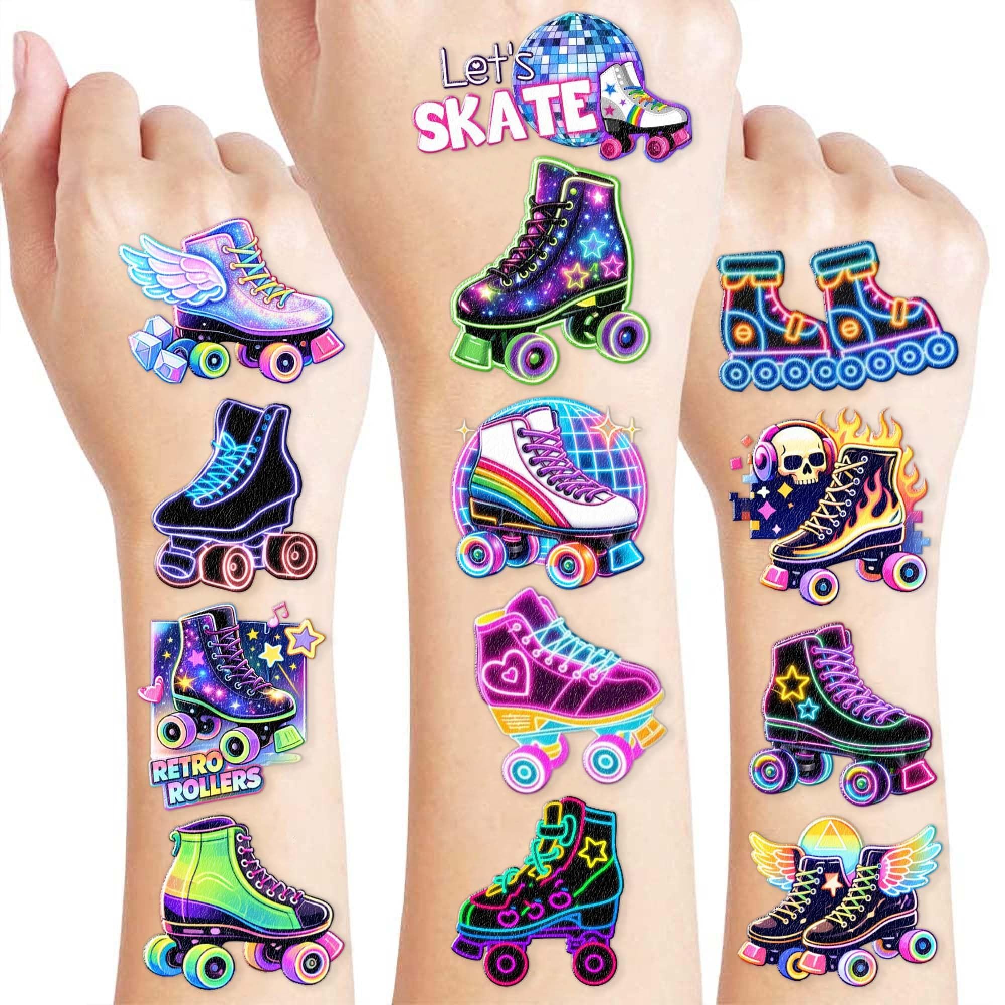 60 PCS Neon Roller Skate Temporary Tattoos for Kids