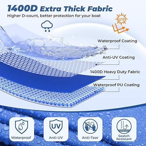 Vista 10 de RVMasking Funda para barco, 1400D resistente reforzada, impermeable, remolcable con bolsa de almacenamiento para casco en V, Tri-casco, pescado