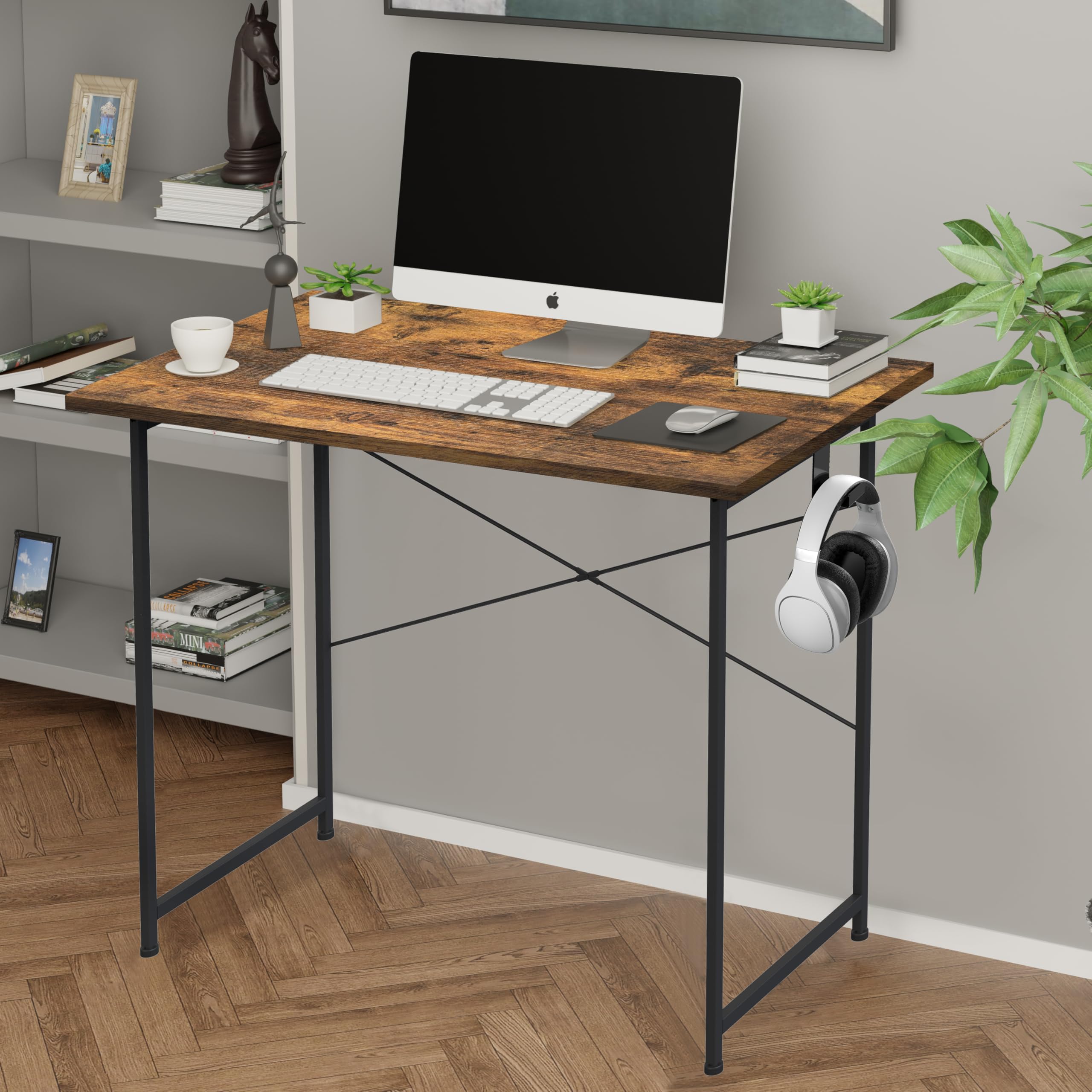 YSSOA Kleiner Schreibtisch mit Kopfhörerhaken, modernes Schlichtes Design, geeignet für Arbeitszimmer, Heimbüro und Wohnzimmer