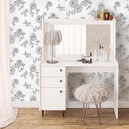 Miniatura 6 de Qianglive Papel tapiz floral para despegar y pegar, vinilo blanco y negro, 17.3 x 300 pulgadas, papel de contacto extraíble impermeable para