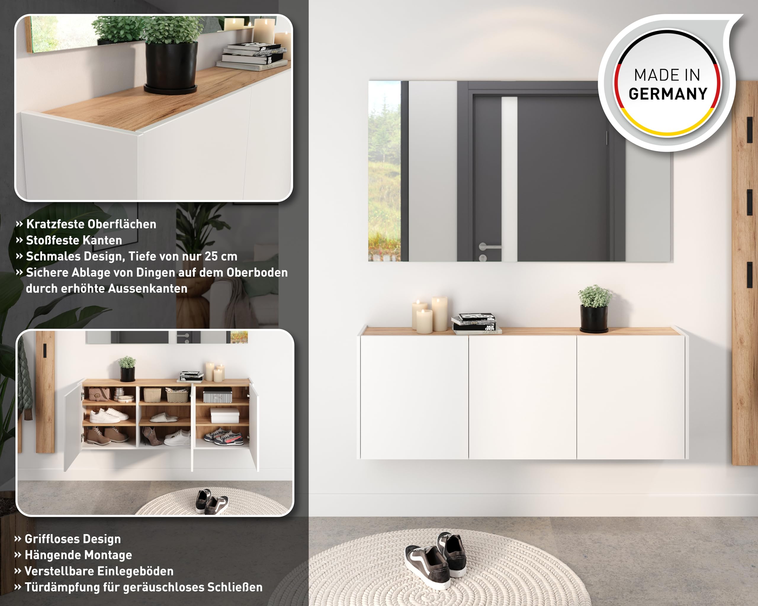 Germania Scarpiera 1345-513 GW-Libbiano, in bianco/Rovere Navarra, con profondità ridotta, 138 x 52 x 25 cm (LxAxP)