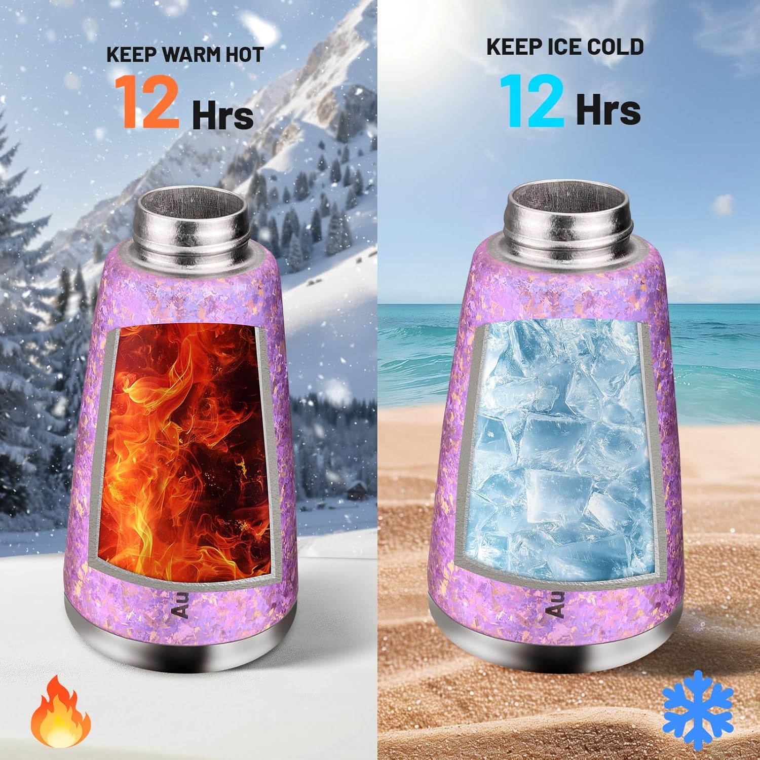 Pure Titanium Water Bottle,12 oz Frosted Purple Insulated Travel Coffee Mug Cup with Lid Straw Weaving Rope Handle Tumblers,Ultralight Leak-Proof Vaccum Camping Flask Keep Cold 12H Hot 12H