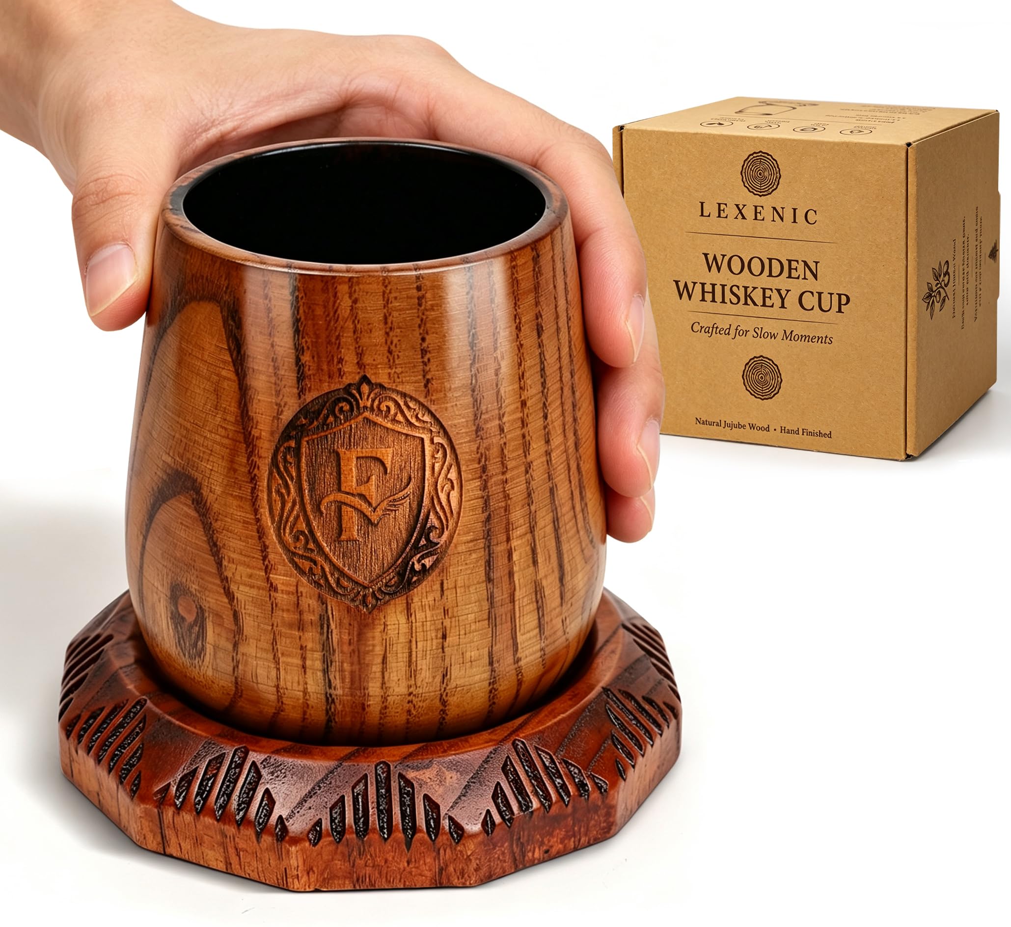 Lexenic Handcrafted Jujube Wood Whiskey Glass with Coaster Set-F