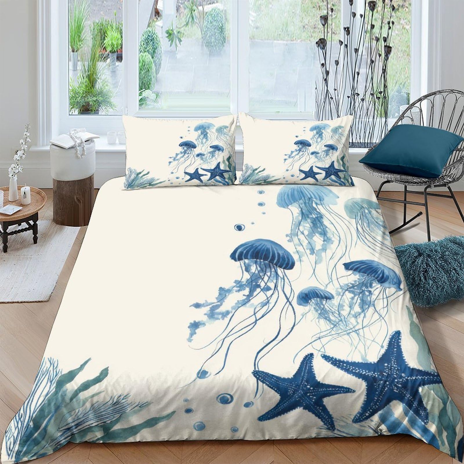 Ctjqhvkz Style-7 3D Printed Ocean Jellyfish Fitted Sheet Microfiber Blue Starfish Mattress Cover Bedroom Decor Easy Care Single（135X200cm）