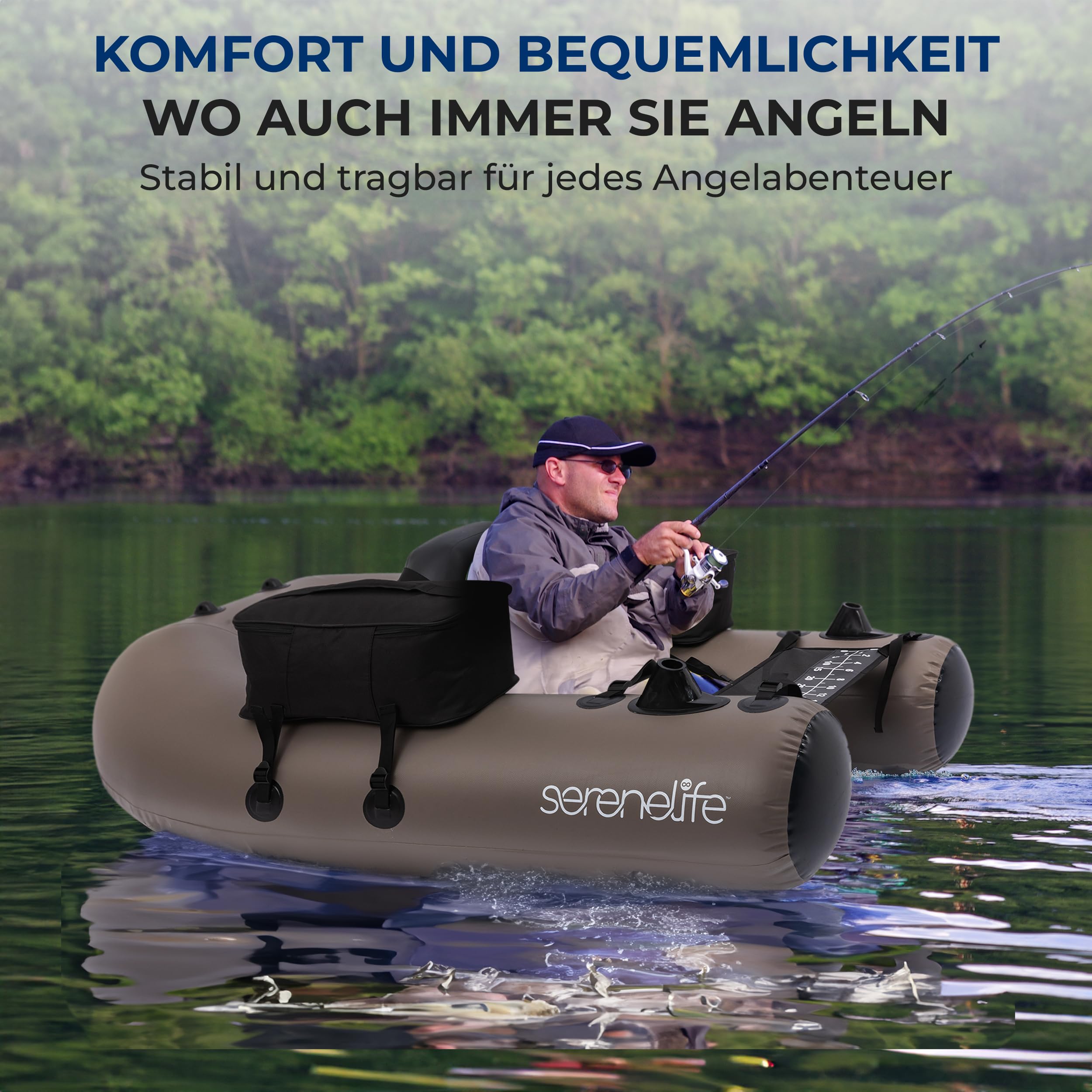 SereneLife Angelboot Aufblasbar 1 Person 100 kg Bellyboot PVC Float Tube Mit Rutenhalter, Sitz und Rückenlehne, Taschen für Komfortables Angeln auf See und Fluss