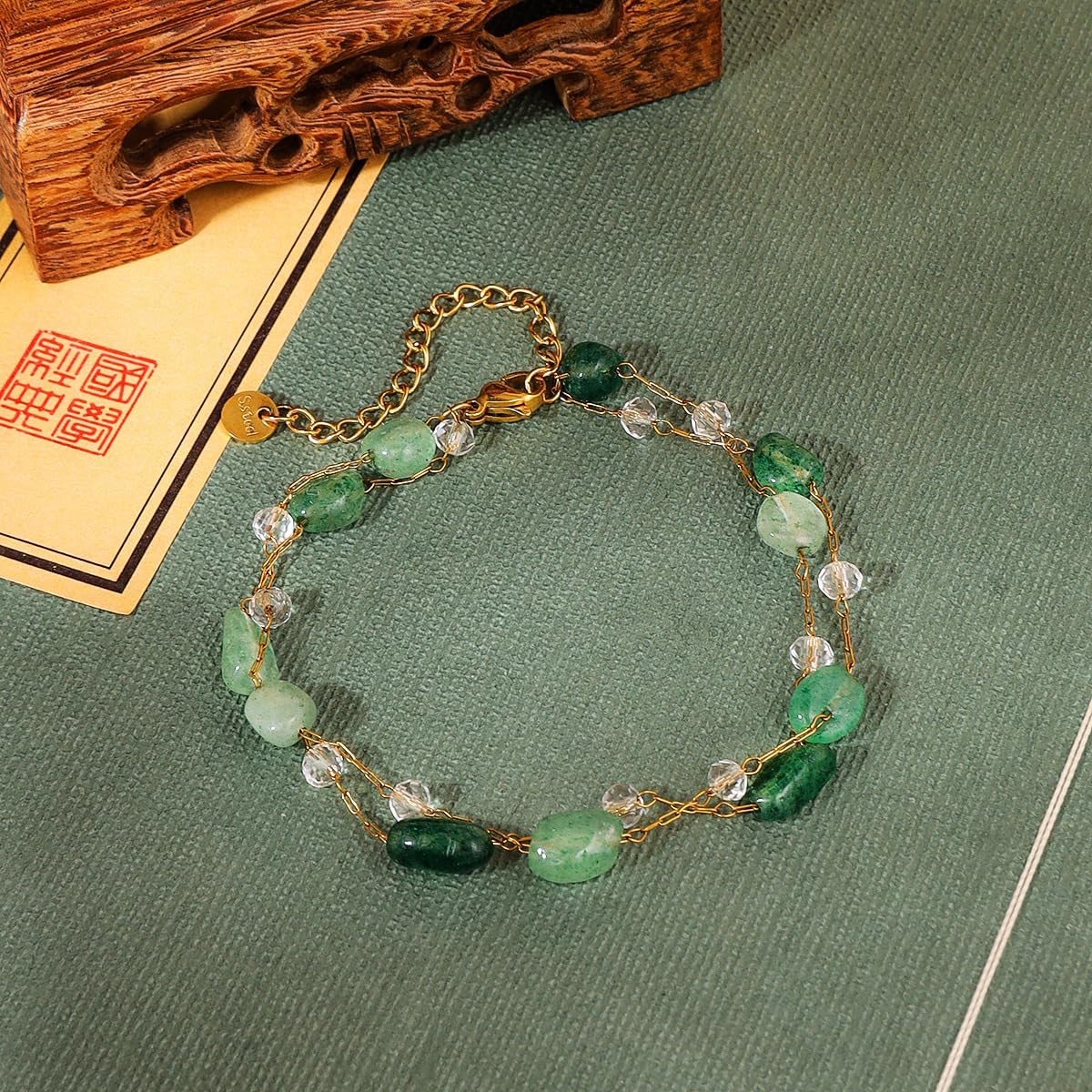 Adjustable Stacking Natural Gem Stone Bracelet for Women - Gold Plated Handmade Crystal Blue Green Emerald Gemstone Beaded Double Layered Chain Bracelets Baroque Jewelry for Mom Friends - Image 4