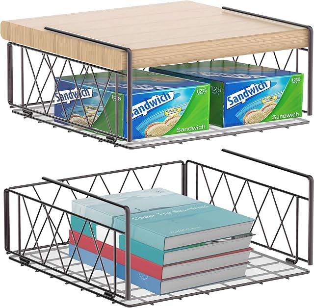 Under Shelf Storage Basket, Hanging Cabinet Storage Basket Organizer, Metal Wire Basket Shelves for Kitchen, Office, Pantry, Bathroom (Bronze, 2pcs) (Bronze)