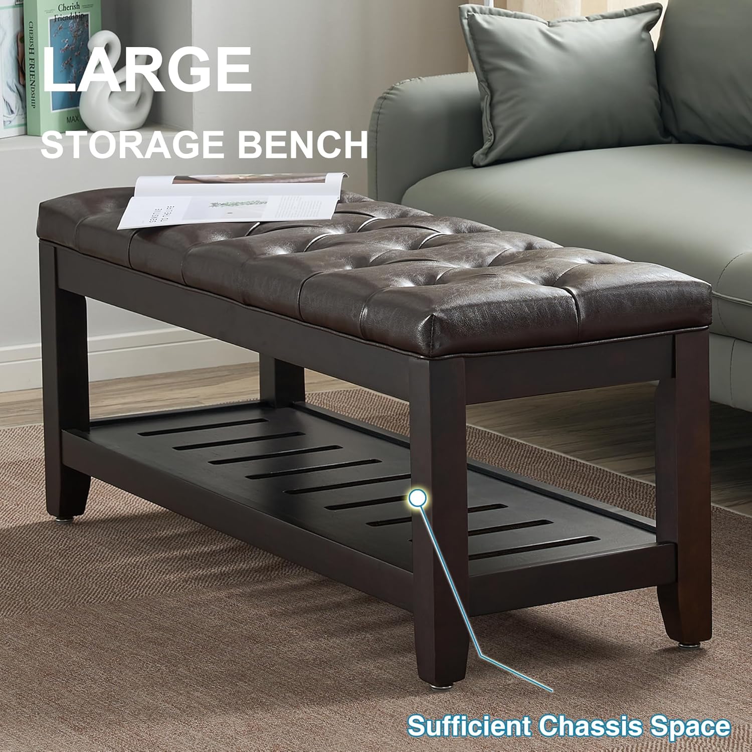 44" Ottoman Bench, Upholstered End of Bed Bench, Oversized Footrest with Wood Shelf torage Storage Bench for Bedroom, Entryway, Living Room, Dark Brown(PU)