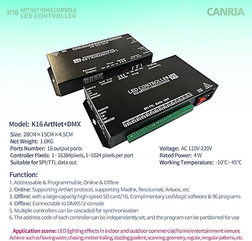 Miniatura 2 de CANRIA Controlador LED de consola K16 ARTNET+DMX, control de iluminación profesional, adecuado para SPI TTL, en línea fuera de línea, programable
