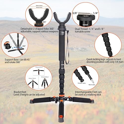 Miniatura 9 de Monopod de caza de aluminio - 21 "-67" soporte de trípode de disparo con 360 cabeza giratoria de yugo en V para rifle, al aire libre