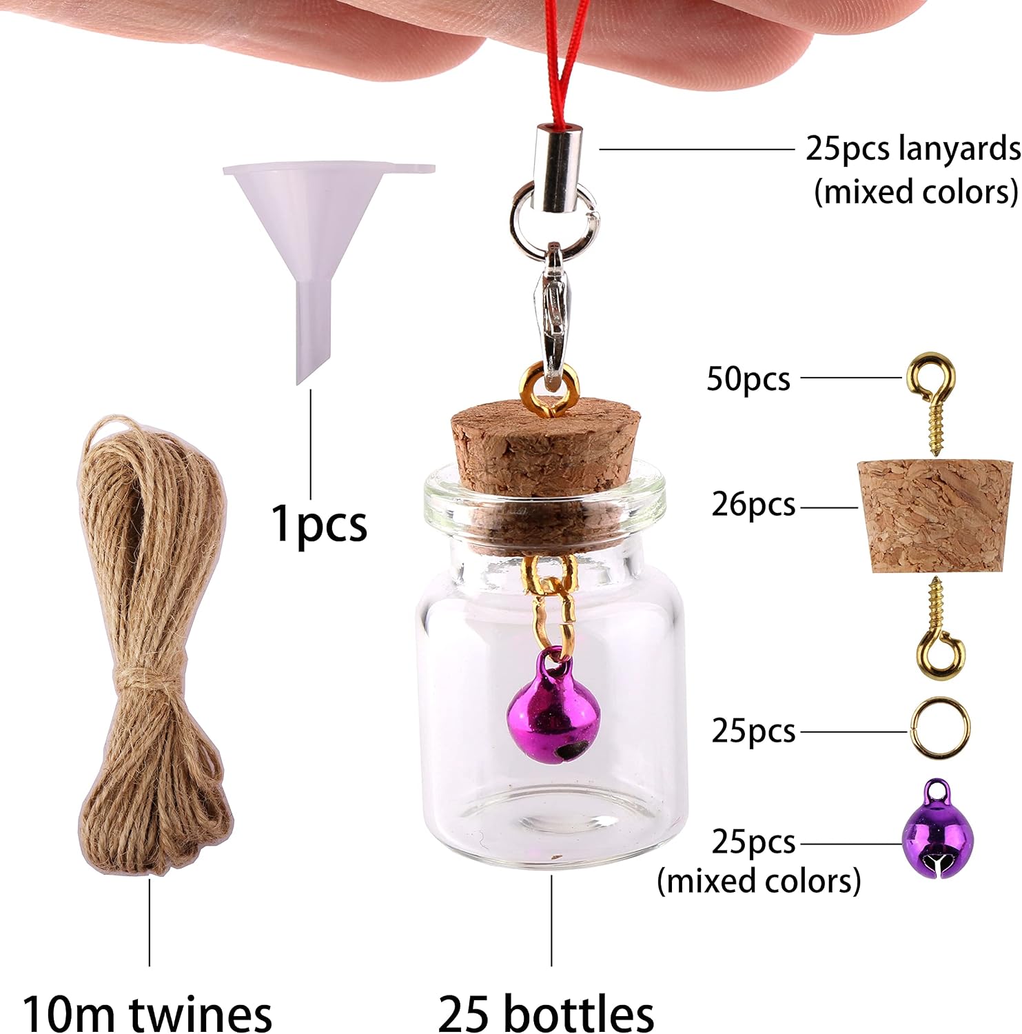 MaxMau 25pcs Small Glass Bottles with Cork Stoppers DIY Art Craft Storage 5ml Mini Glass Vials,Tiny Jars for Wedding Party Favors Home Decoration with Connection Accessories Twine Bell