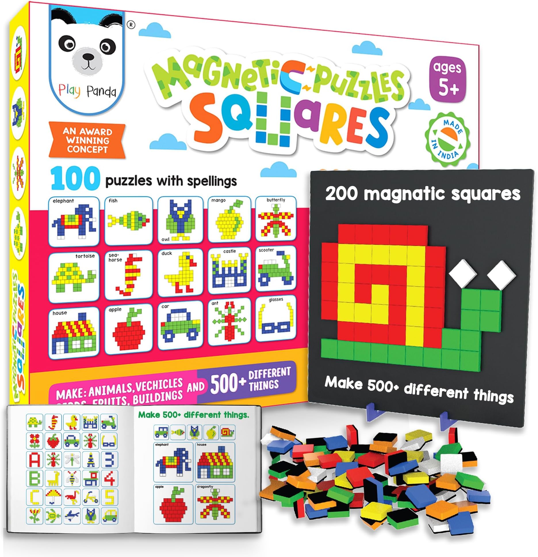 Play Panda New Magnetic Puzzles : Squares - includes 250 Colorful Magnets pieces, 100 Puzzle book, Magnetic Board and Display Stand,Multicolor, 200 Pieces