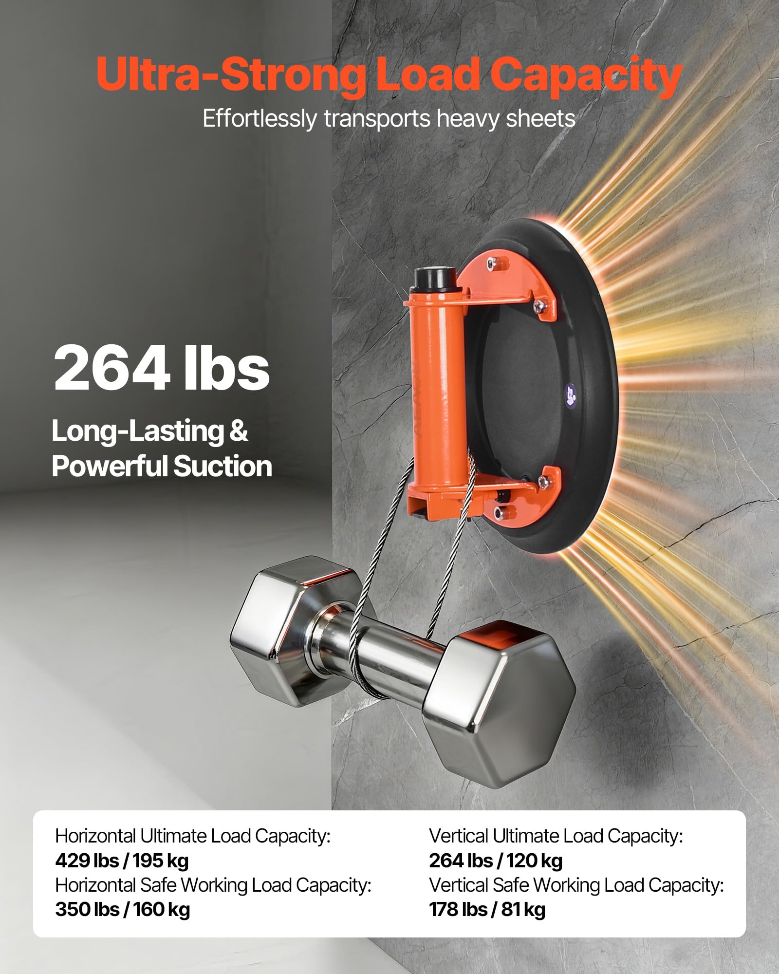 VEVOR Podciśnieniowy podnośnik ssący, 203 mm, podnośnik do szyb z metalowym uchwytem, udźwig 195 kg, przyssawka do płytek z torbą do podnoszenia płytek, granitu, płyt kartonowo-gipsowych, okien