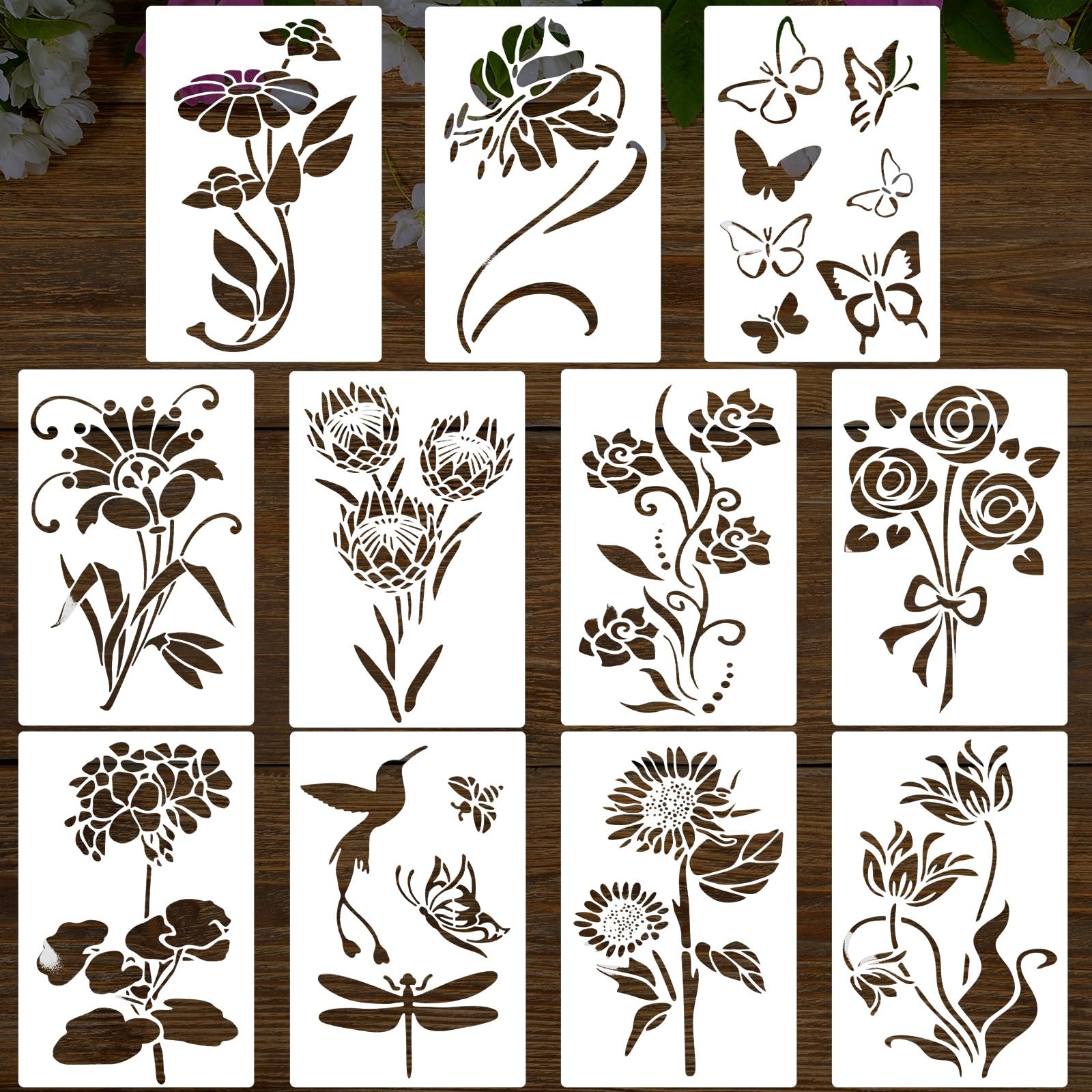 Lot de 11 pochoirs muraux réutilisables pour travaux manuels, grands modèles de motifs floraux pour projets artistiques de décoration d'intérieur