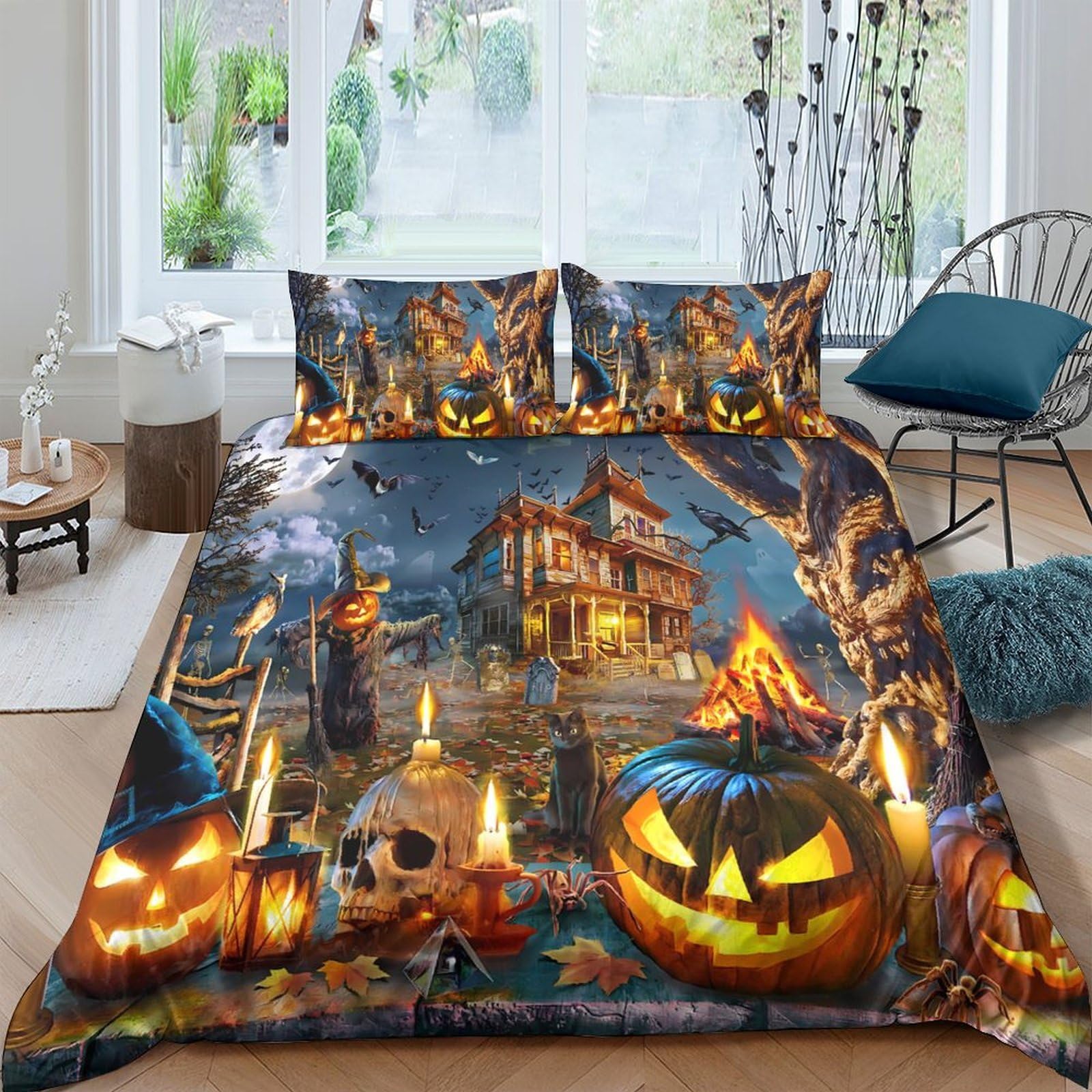 Ctjqhvkz Style-5 3D Printed Halloween Haunted House Fitted Sheet Microfiber Soft Pumpkin Ghost Bed Cover For Bedroom Guest Room Decor Single（135X200cm）