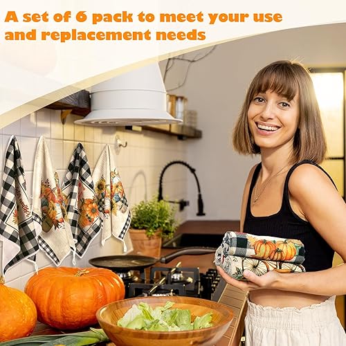 Miniatura 4 de Ganeen Juego de 6 toallas de mano de Acción de Gracias con texto en inglés Hello Fall en blanco y negro, vintage, calabaza, camión, motero, granja,