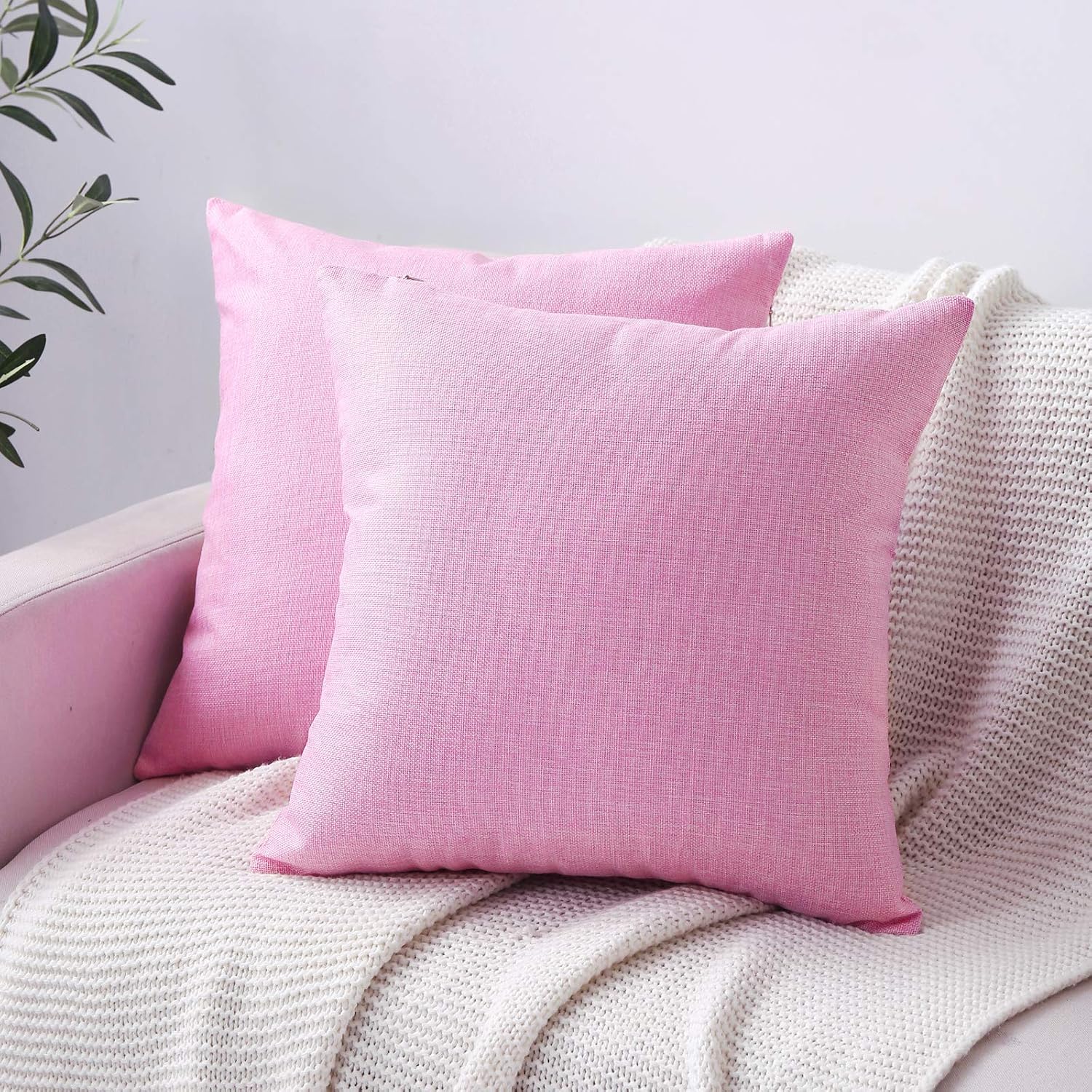 WLNUI Set of 2 Pink Pillow Covers 16x16 Inch Rustic Linen Decorative Square Throw Pillow Covers Cushion Case for Sofa Couch Home Farmhouse Decor