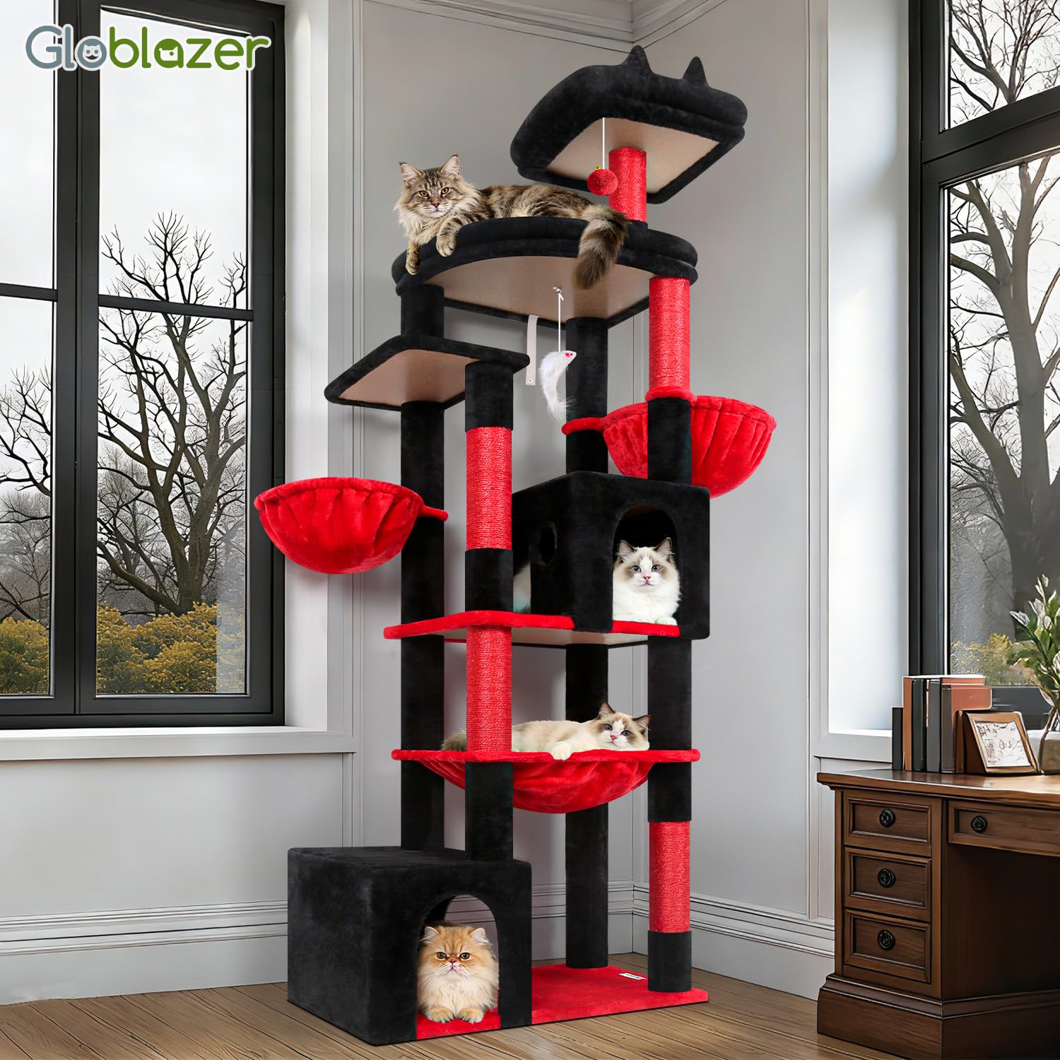 Globlazer Arbre a Chat Noir Rouge XXL 193 cm avec 2 Grande Niches, Immenso Hamac, Vaste Plate-Forme, 2 Panier, Perchoirs, Énorme Gothique Arbres à Chats Stable pour 3-5 Gros Chats (S76B, Noir Rouge)