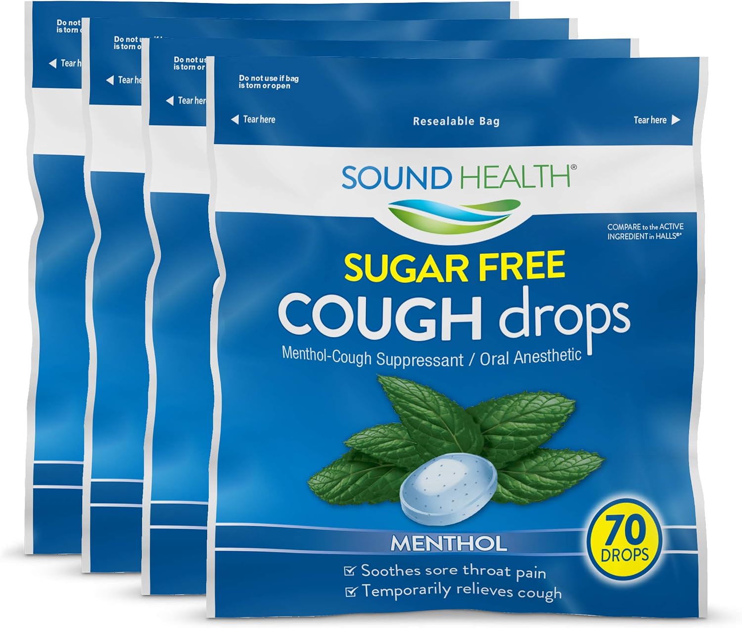 SoundHealth Sugar-Free Cough Drops, Cough Suppressant Throat Lozenge, Menthol, 70 Count (Pack of 4)