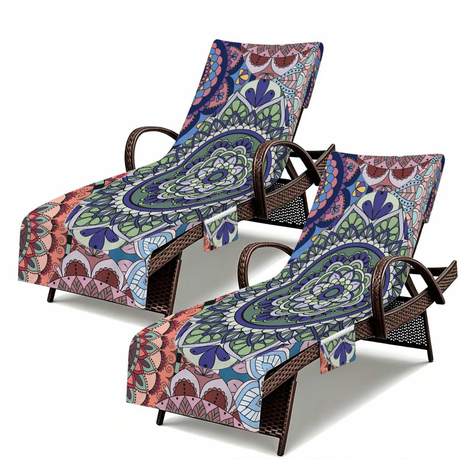 Set di 2 Telo Lettino Mare con Tasche Laterali (Mandala retrò 7,210x74cm)
