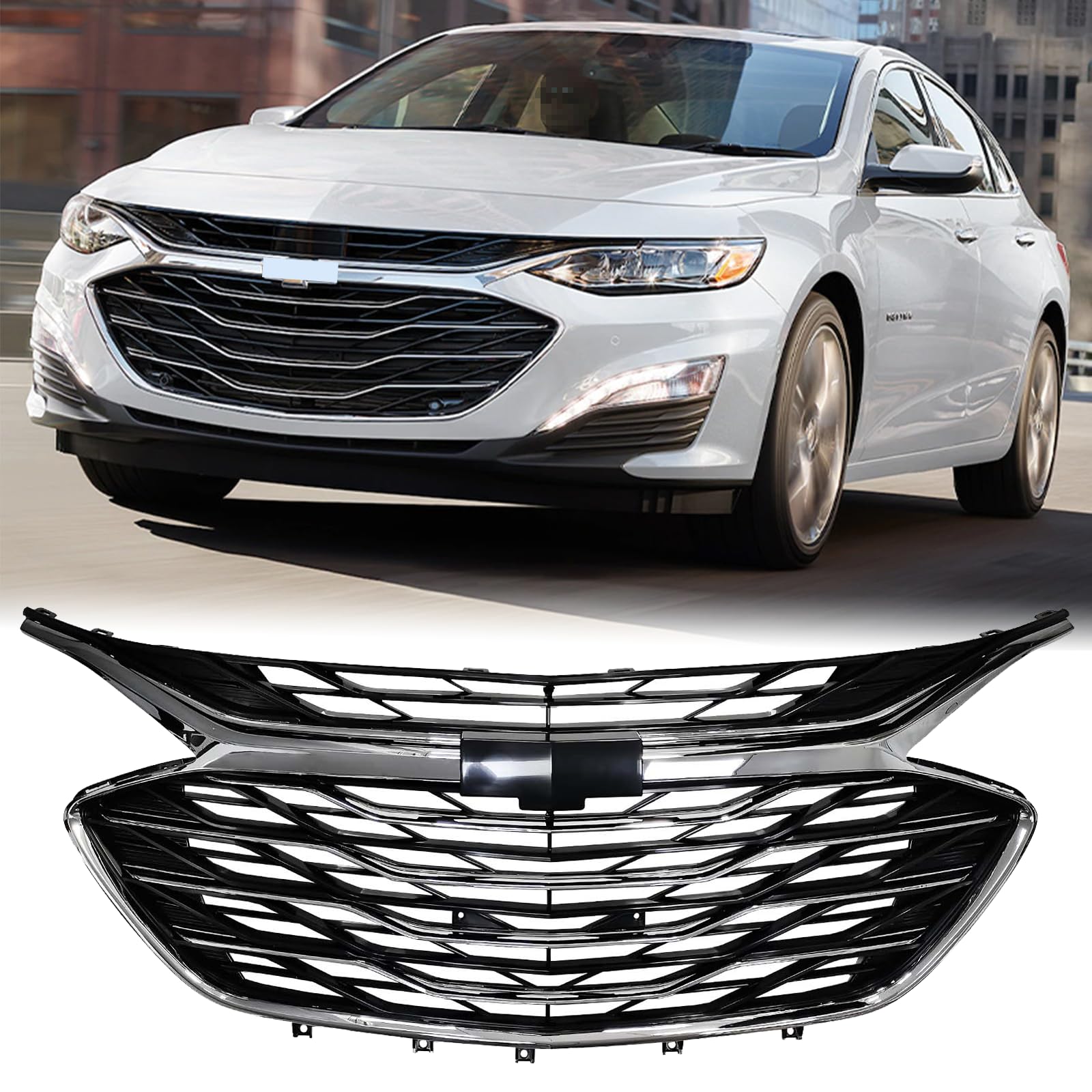 Kspeed Front Bumper Upper Lower Grill Grille Chrome for Chevrolet Malibu 2019-2023 3PCS