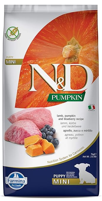 FARMINA N&D Pumpkin Dry Dog Food, Grain-Free, Puppy Mini Breed, 7-kg, Lamb and Blueberry