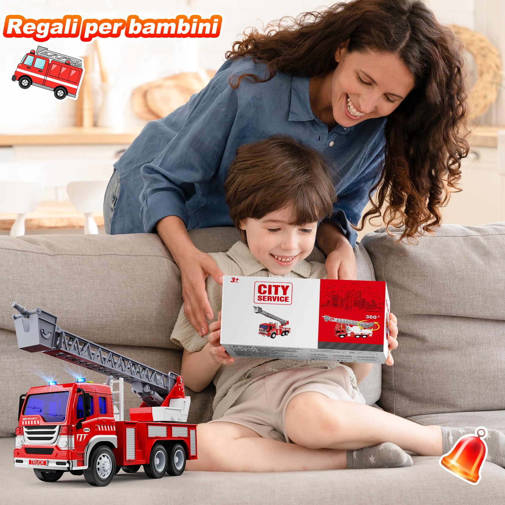 GizmoVine Camion Pompieri Grande, Autopompa dei Vigili del Fuoco con Luci e Suoni, Macchina Modellini, Pompiere Giocattolo, Giocattoli per Bambini, Macchinine Bambino 3 4 5 6 7 8 Anni - Rossa