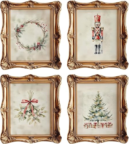 BRRNYOI Juego de 4 pósteres retro para pared, diseño vintage de invierno, corona de árbol de Navidad, muérdago, decoración de pared para el hogar,