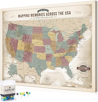 DECORARTS - Push Pin Travel Map USA, US Maps for Wall, Soft Vintage Pastel United States Pin Board Canvas Wall Art, Giclee Print on Canvas, Handcrafted in USA, 20x16''