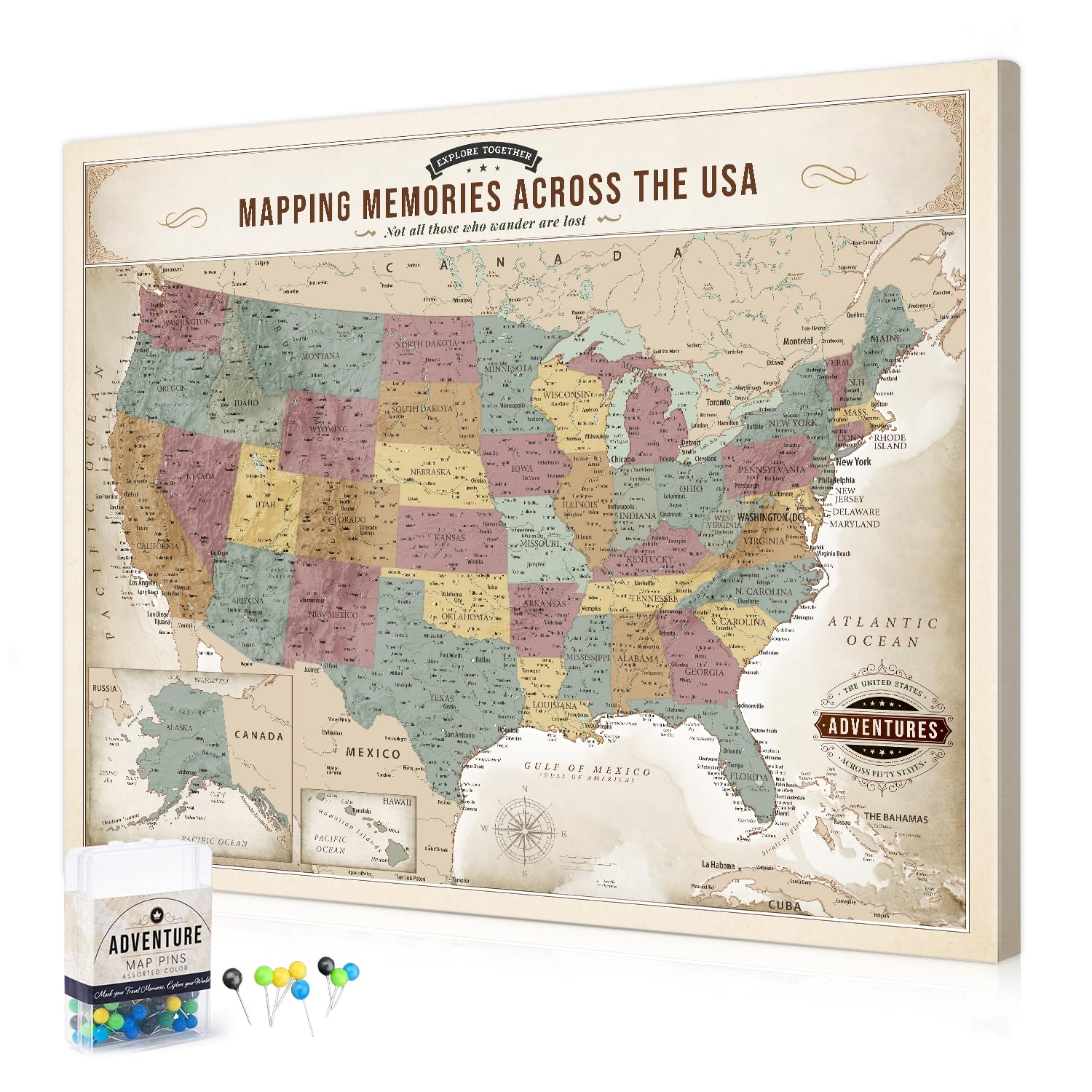 DECORARTS USA Travel Map with Pins, Soft Pastel USA Map Pin Board, 30x24''
