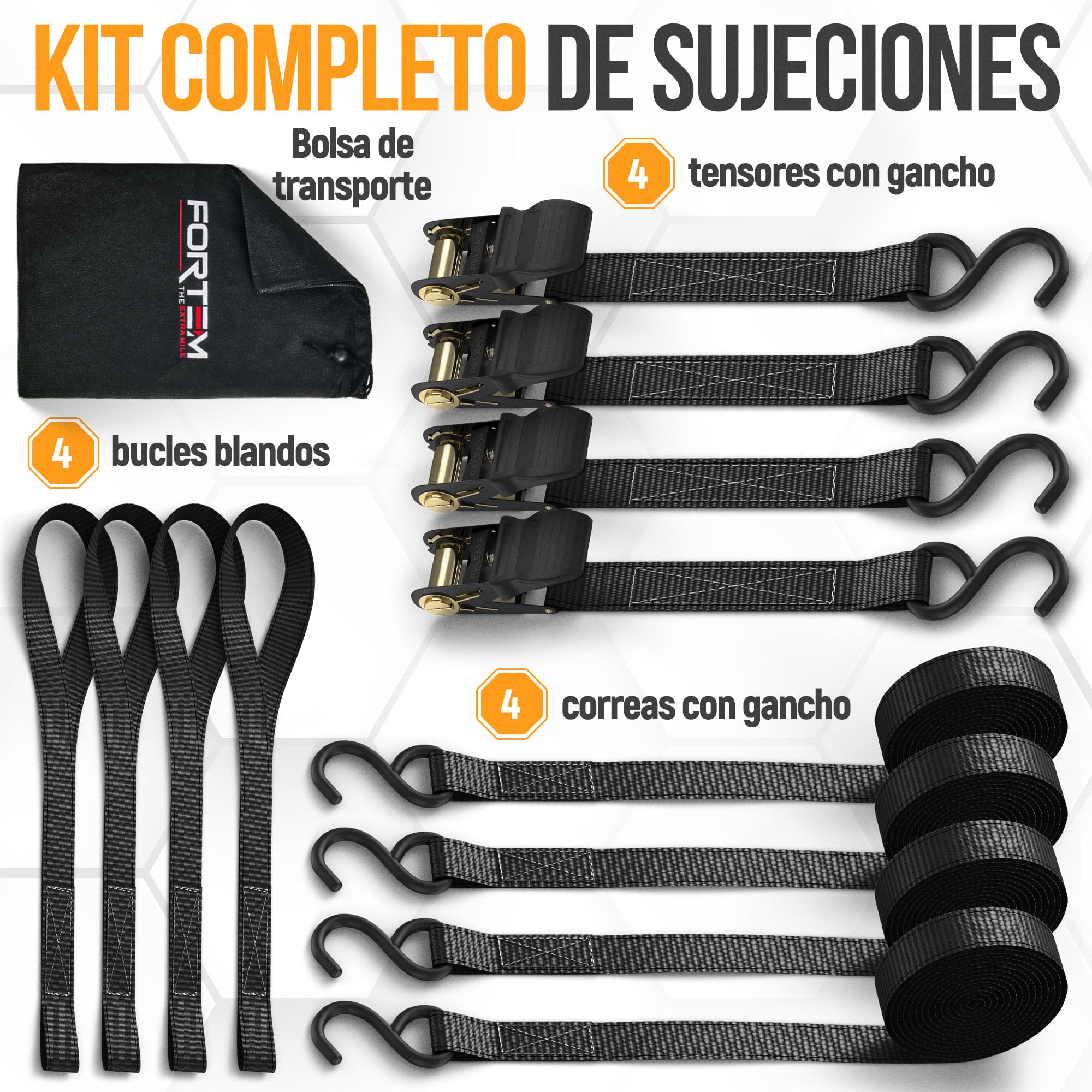 FORTEM Set de Correas de Amarre con Tensor de Trinquete, Resistencia 249 kg de Carga, 748 kg al Rompimiento, 4 Ganchos de Acero Plastificado, 4 Correas de 4.5m, 4 Hebillas (Negro)